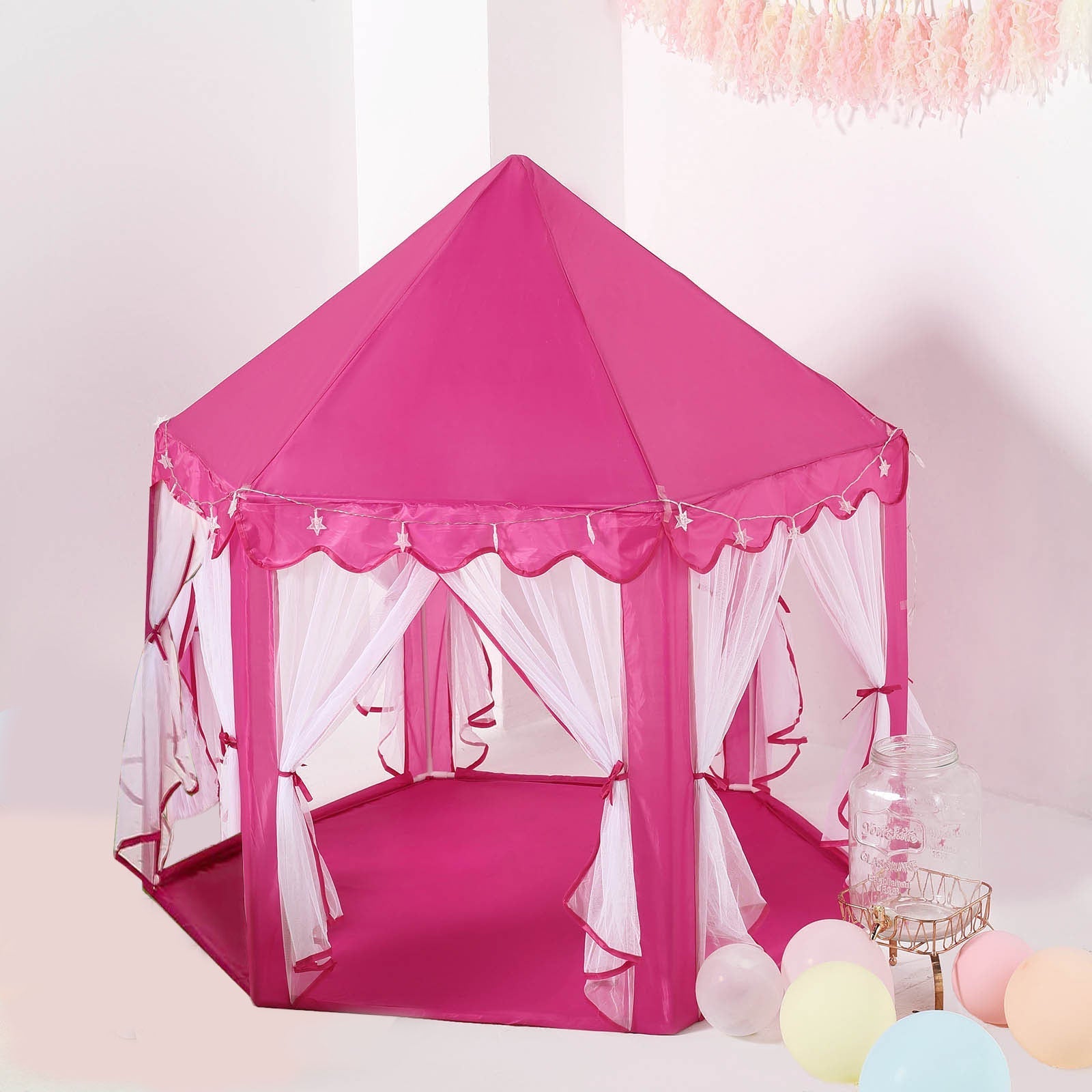 4.5Ft Pink Princess Castle Play House Tent with Star LED Garlands and Carry Bag