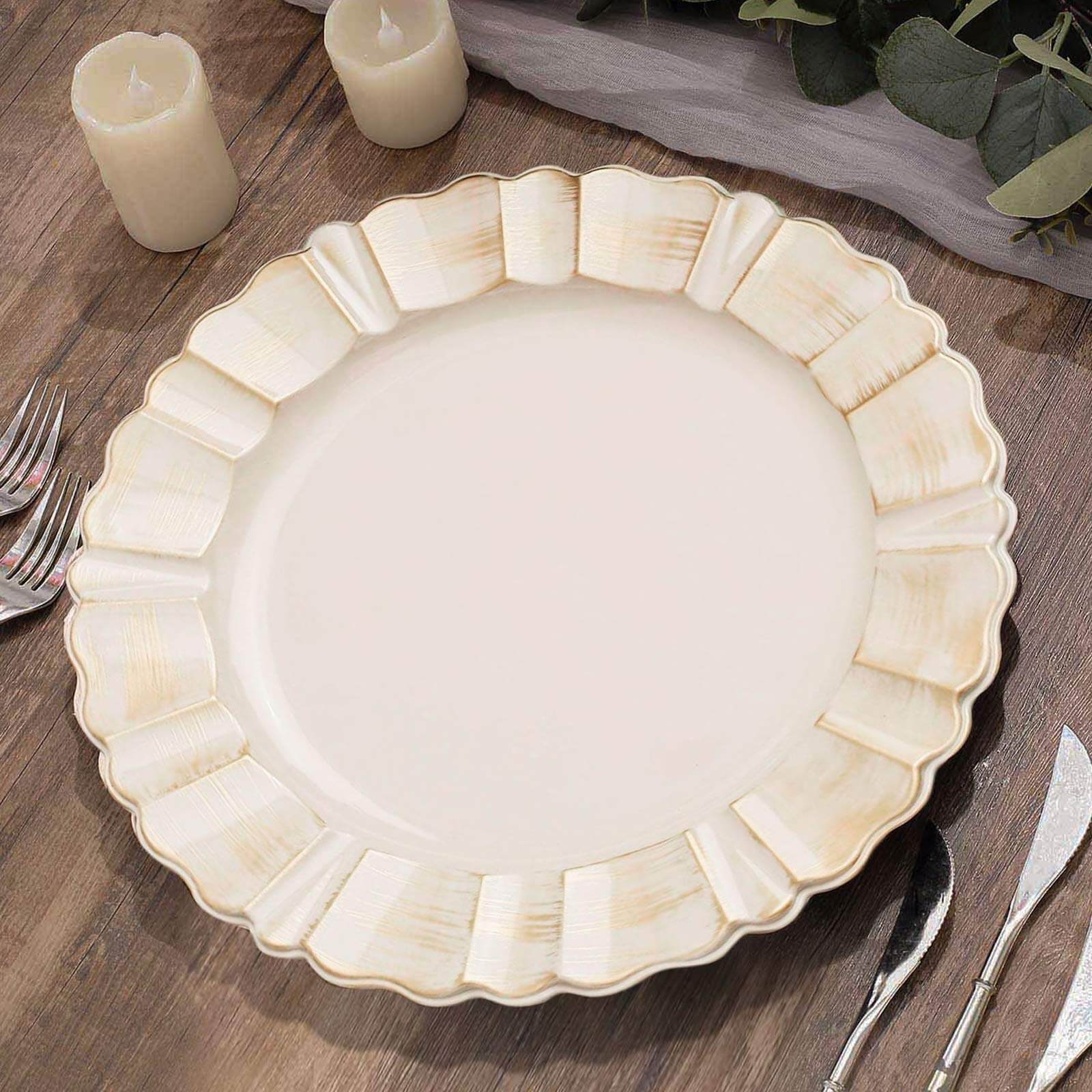 6-Pack Acrylic Plastic Round Charger Plates 13" in Beige with Gold Brushed Wavy Scalloped Rim, Decorative Dinner Party Charger Tableware
