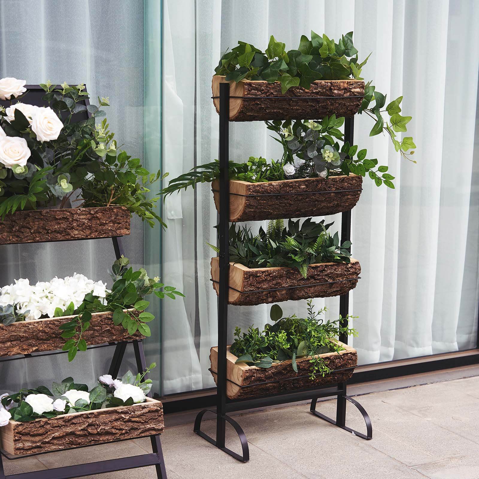 42" 4-Tier Metal Ladder Plant Stand With Natural Wooden Log Planters