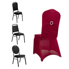 Spandex Chair Cover with Burgundy Rhinestone Buckled Sash Band Blush - Stretch Fitted Slipcover