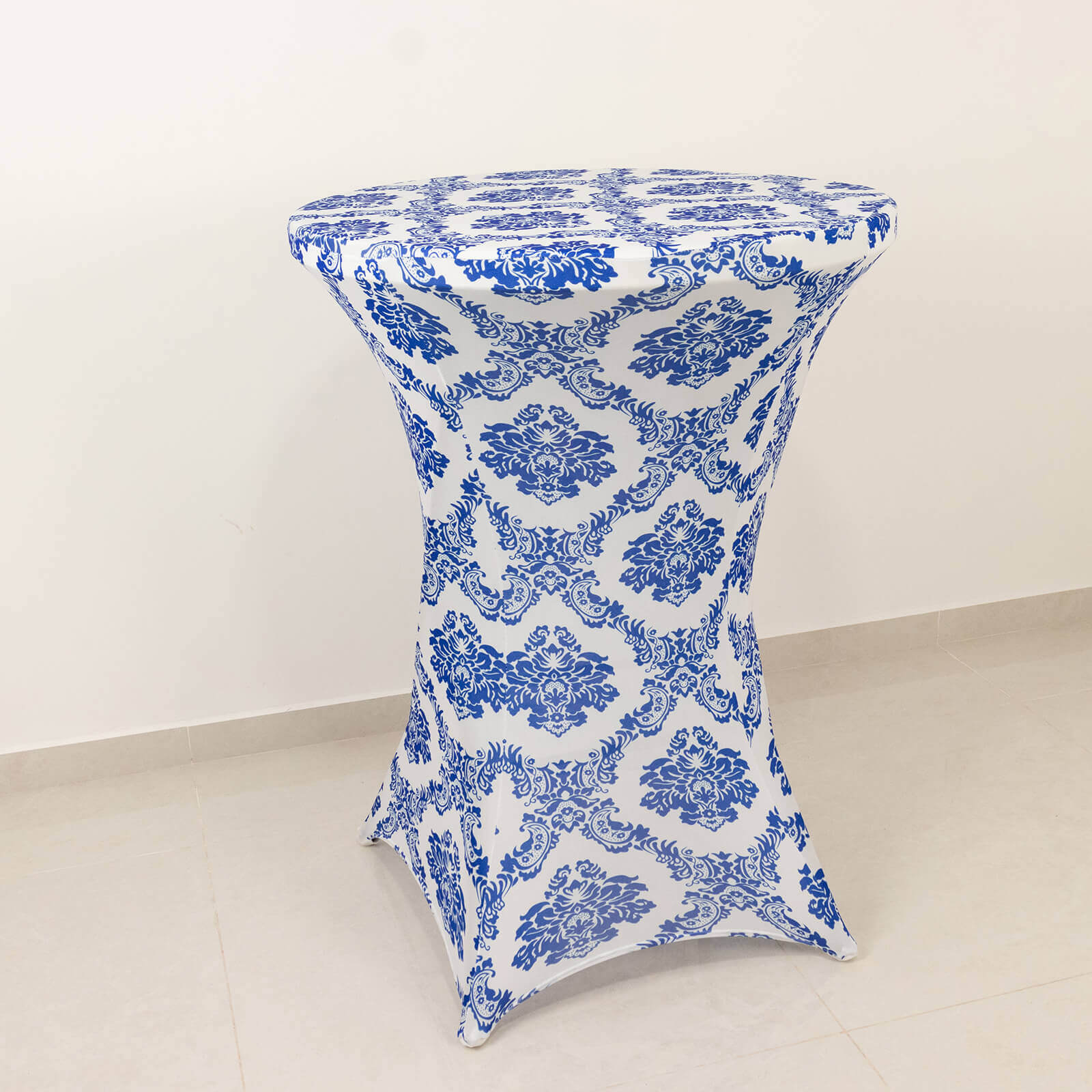Spandex 24"-32" Round Cocktail Table Cover Royal Blue Damask Highboy Tables - Easy to Maintain Stretch Fitted Tablecloth