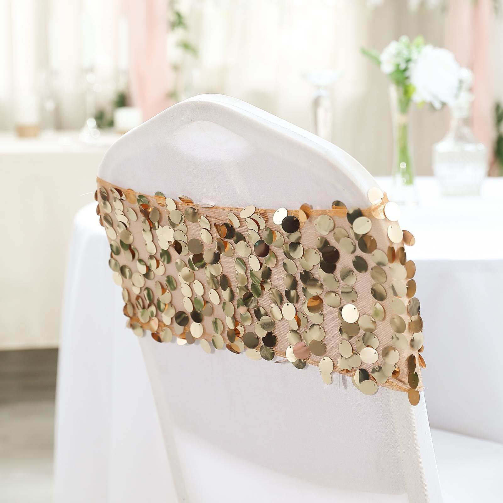 5 Pack Big Payette Sequin 13"x10" Chair Sash Bands Gold - Stylish Glittering Decor for Weddings & Gatherings