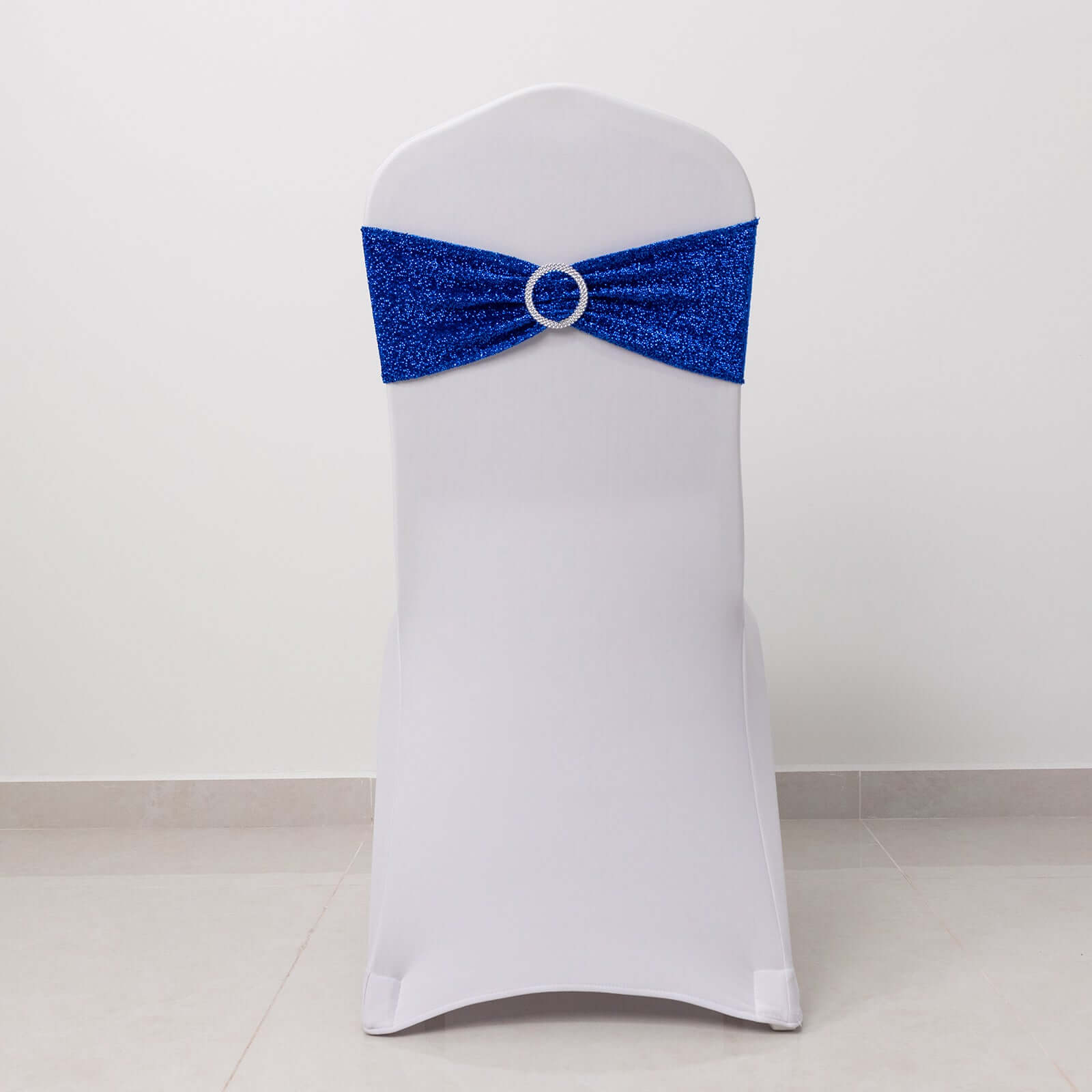 5 Pack Chair Sashes Shimmer Tinsel Spandex 5"x12" with Silver Rhinestone Buckles Royal Blue - Stylish Chair Bands