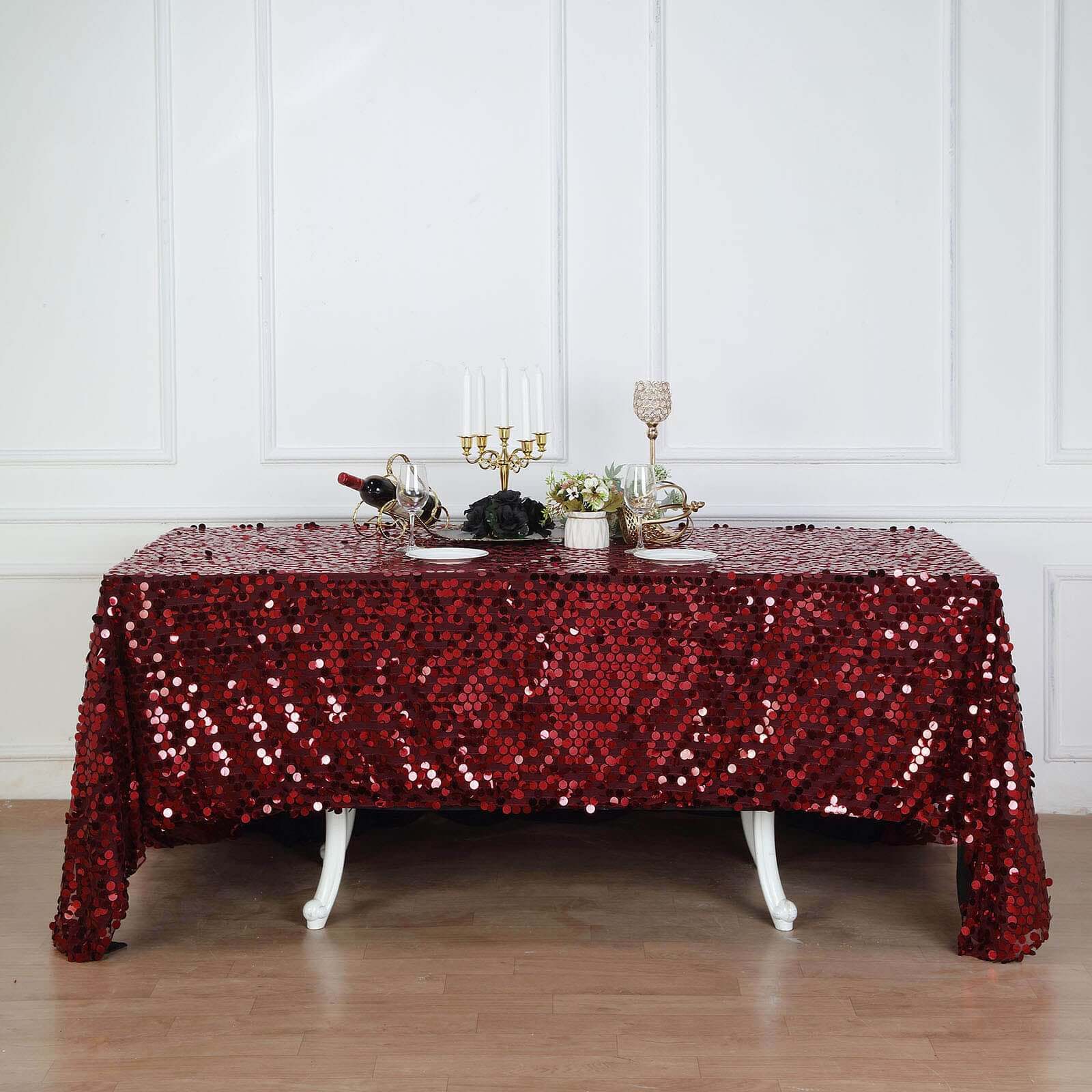 Sequin 90"x132" Rectangle Tablecloth Burgundy - Seamless Big Payette Design for Sophisticated Occasions