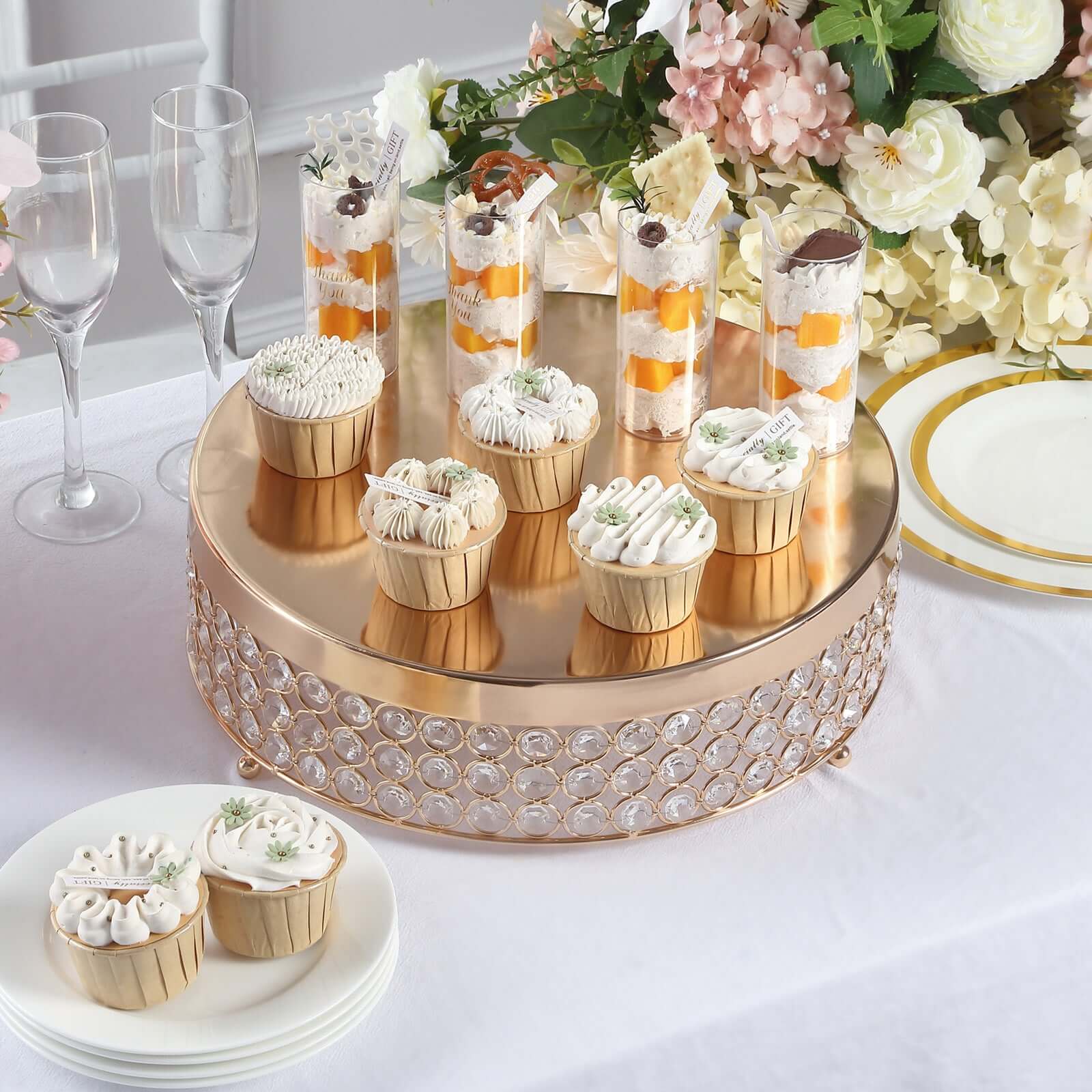 Metal Cake Stand Pedestal Crystal Beaded Design Gold - Cupcake Display and Dessert Riser 13"