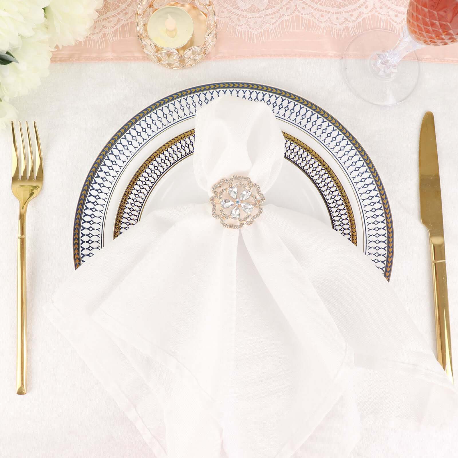 4 Pack Diamond Rhinestone Gold Metal Rose Flower Napkin Rings, Decorative Napkin Buckle Holders