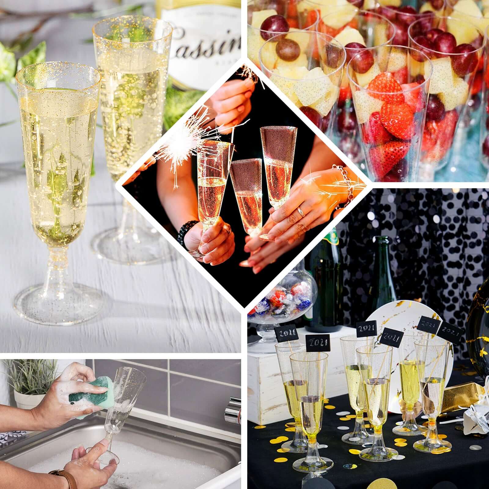 12-Pack Plastic Champagne Glasses Gold Glittered Short Stem - Stylish Disposable Flutes with Detachable Base for Toasts 5oz