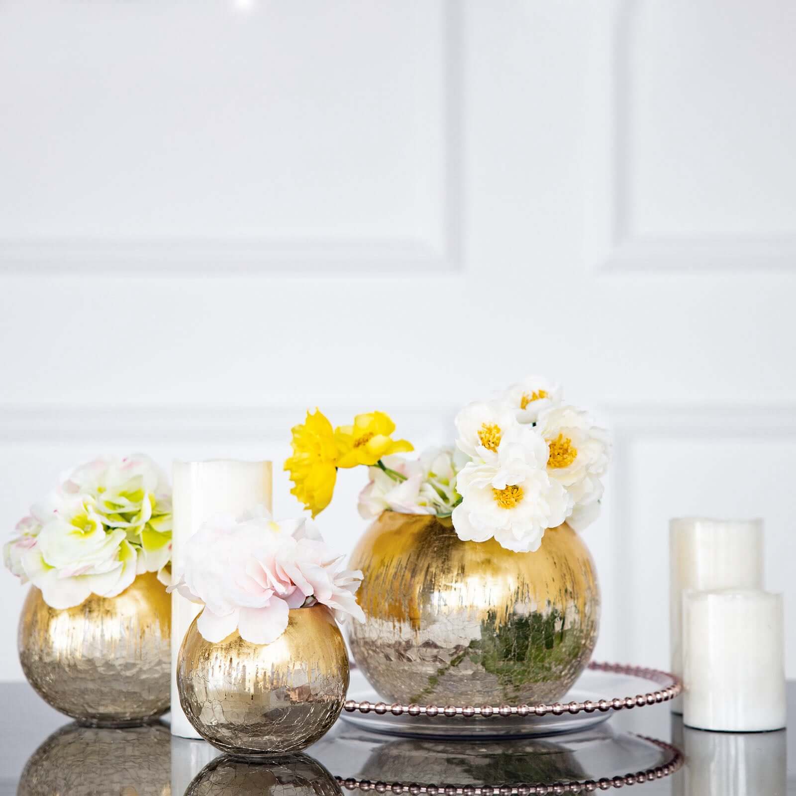 Glass Flower Vase Gold Foiled Crackle Bubble - Decorative Floral Centerpiece for Tables 6"