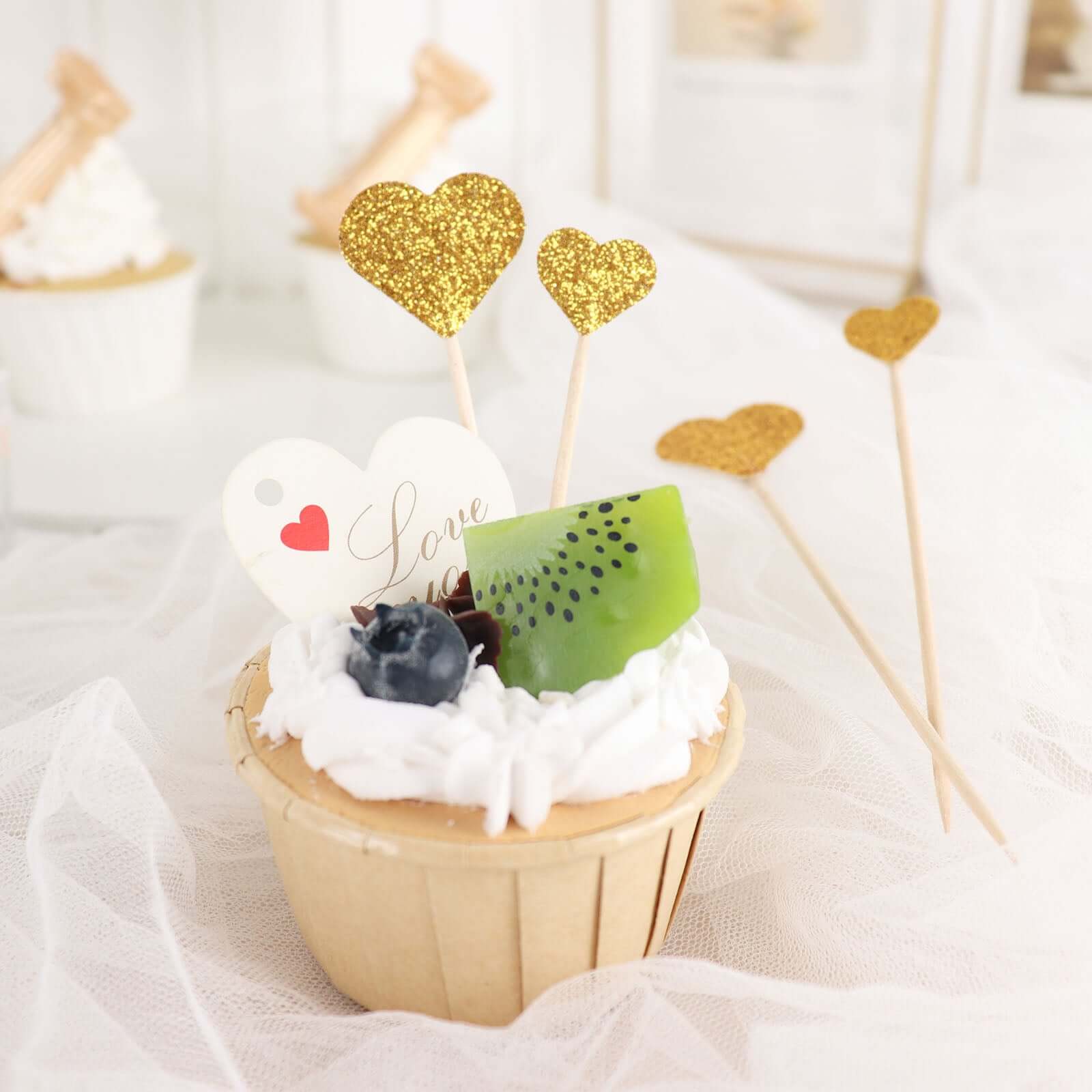 24-Pack Cupcake Topper Picks Heart Shaped Design Glitter Gold - Party Cake Toppers 4.5", 4"