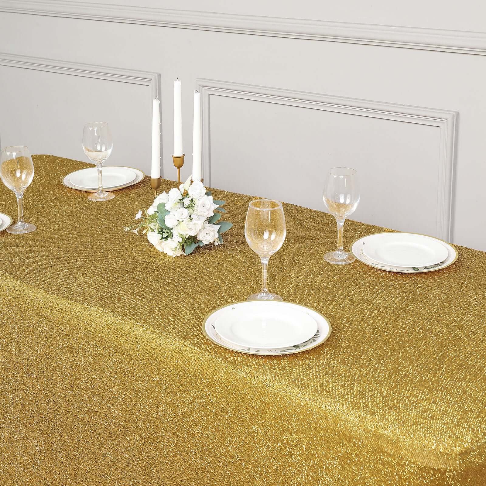 Shimmer Tinsel Spandex 72"x30" Rectangle Tablecloth Metallic Gold Glittered Shiny Stretch Table Cover for Gleaming Event Decor