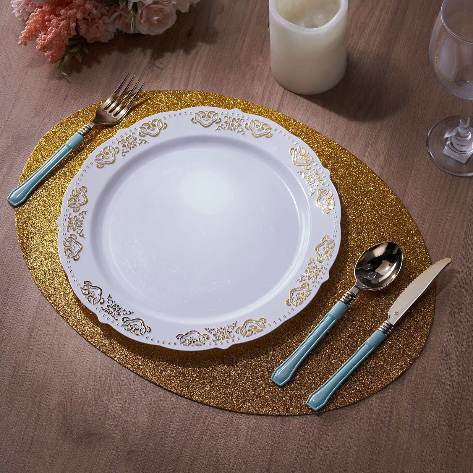 6-Pack Placemats Glitter Design Gold Sparkle Oval - Non-Slip Decorative Table Mats for Dining 12"x18"