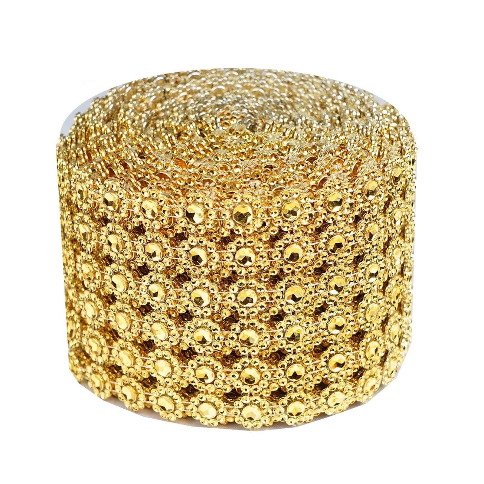 4"x10 Yards Gold Fleur Diamond Rhinestone Ribbon Wrap Roll, DIY Craft Ribbon
