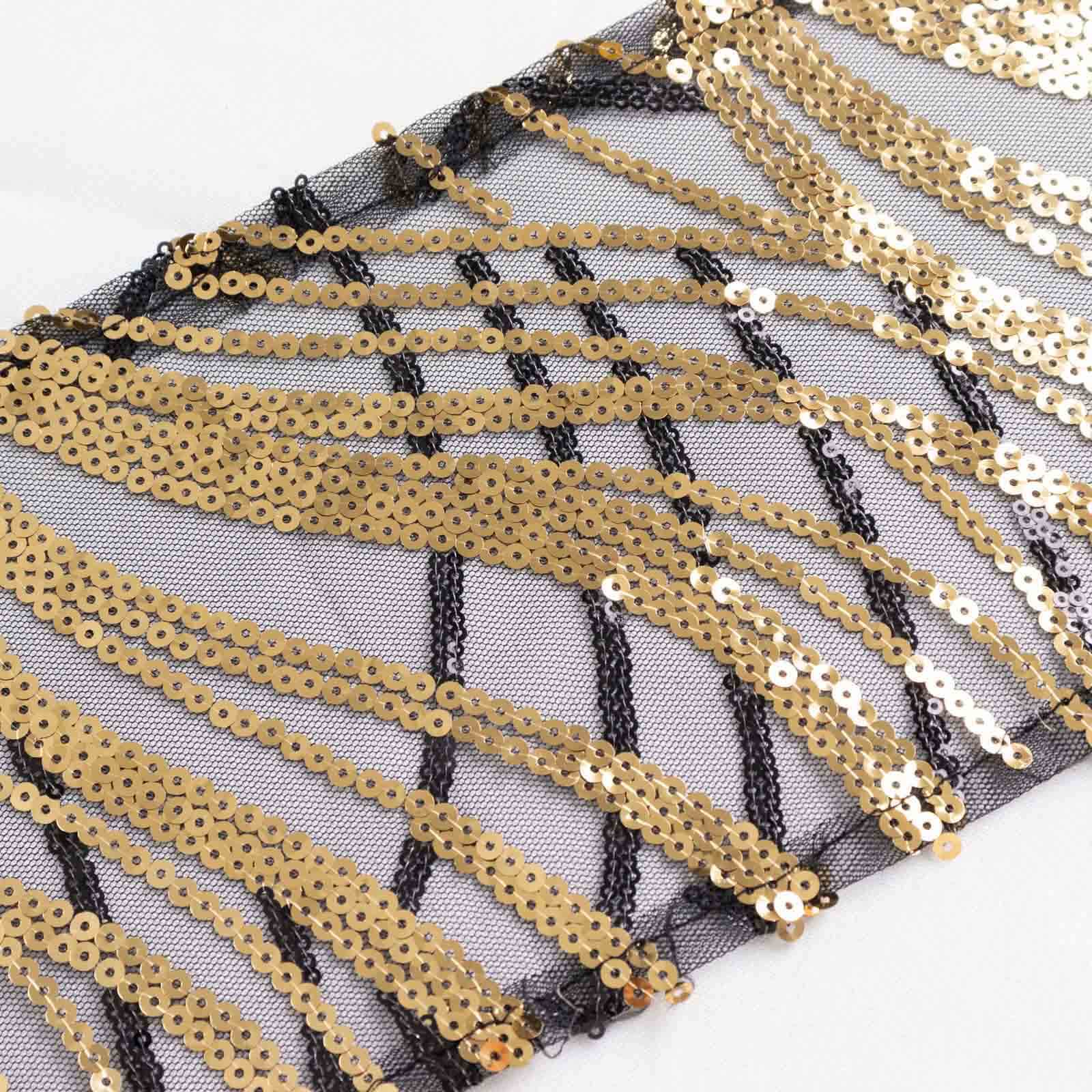 5 Pack Chair Sashes with Wave Embroidered Sequins Black/Gold 6"x88" - Stylish Glittering Decor for Weddings