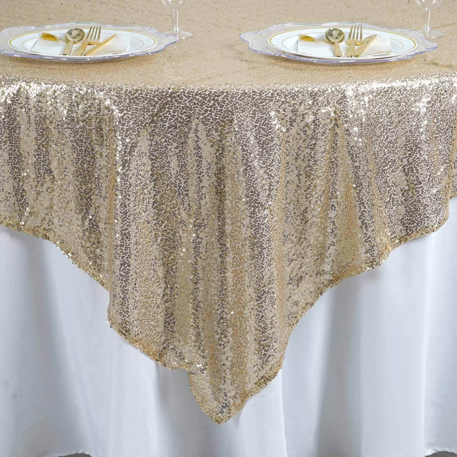 Sequin 90"x90" Table Overlay Square Tablecloth Champagne - Sparkly Table Cover