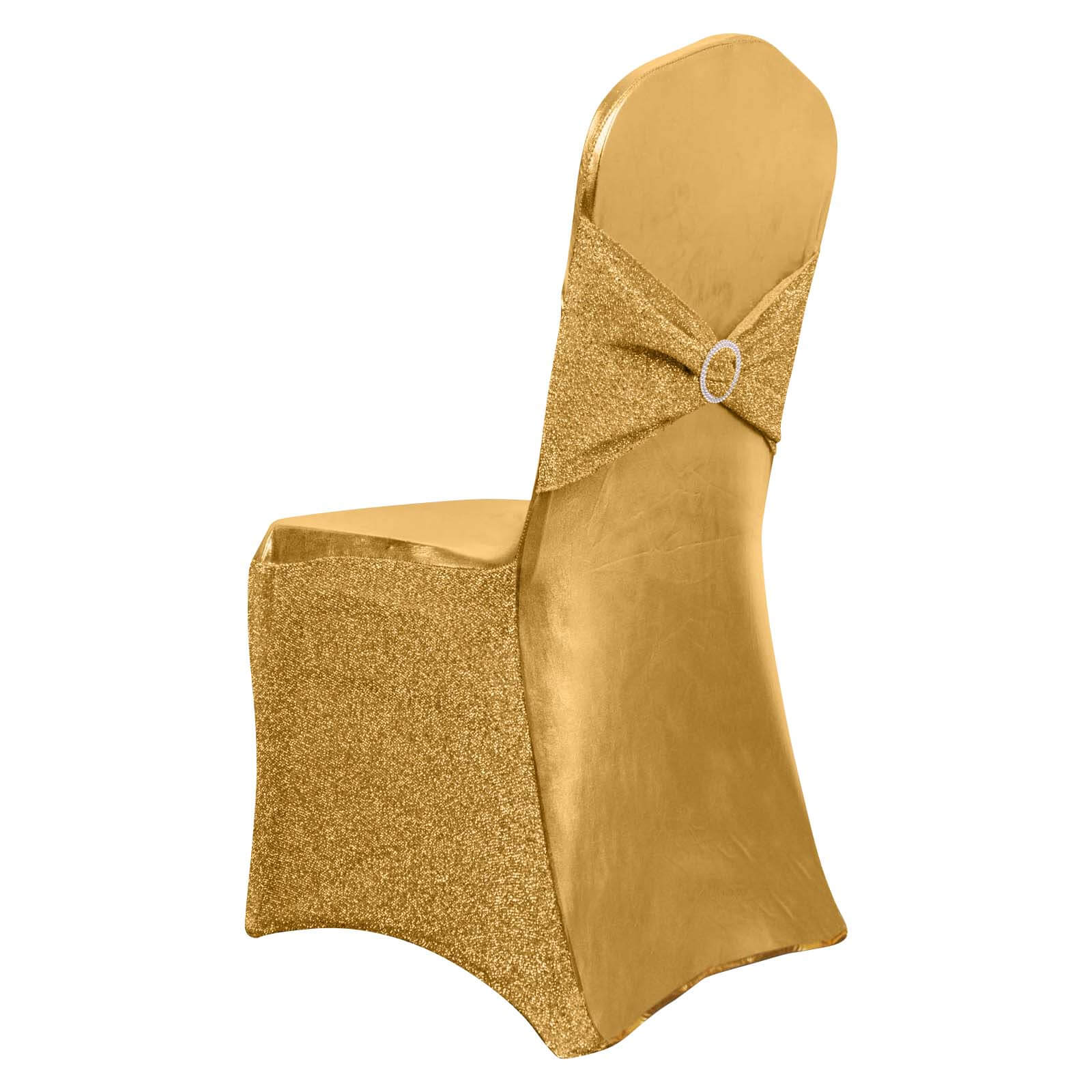 Spandex Banquet Chair Cover Metallic Gold Tinsel with Sash and Rhinestone Buckle - Luxe Shimmering Fitted Slipcover for Events