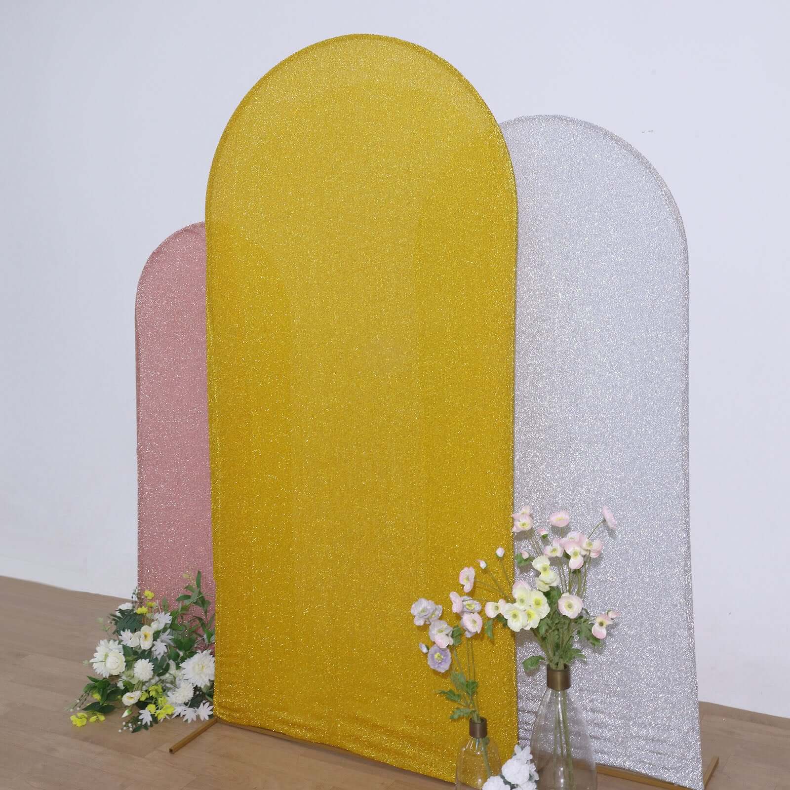 7ft Gold Shimmer Tinsel Spandex Chiara Backdrop Stand Cover For Fitted Round Top Wedding Arch