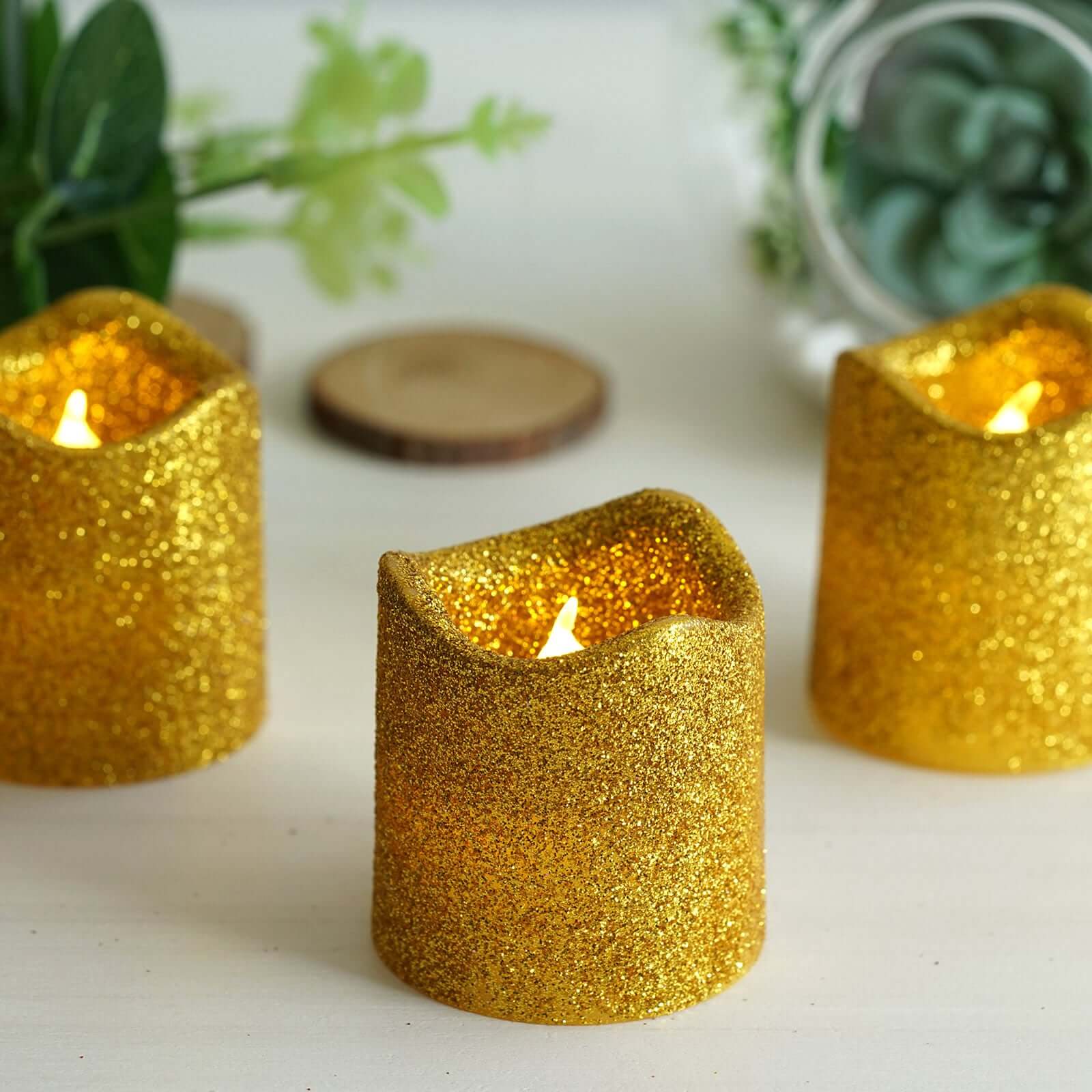 12-Pack LED Votive Candles Glittered Gold Design - Reusable Flameless Battery Operated Lights