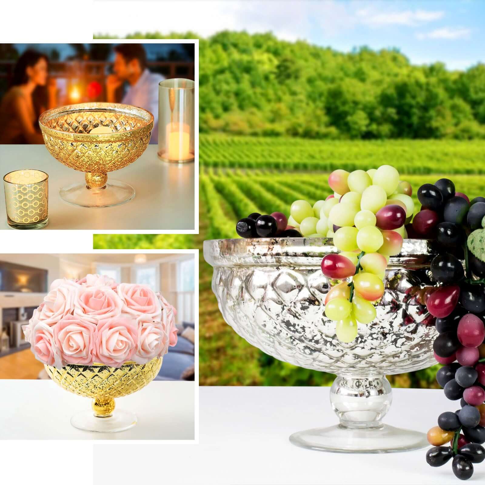 Mercury Glass Pedestal Bowl Vase Compote Style Silver - Sophisticated Floral Table Decor for Events 8"