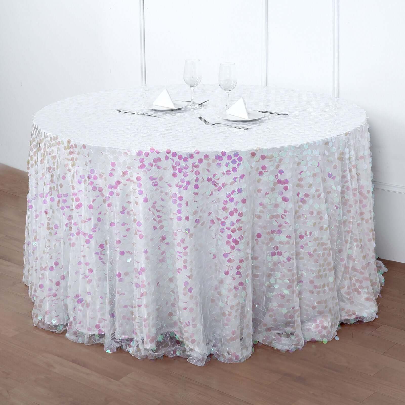 120" Iridescent Seamless Big Payette Sequin Round Tablecloth Collection for 5 Foot Table With Floor-Length Drop