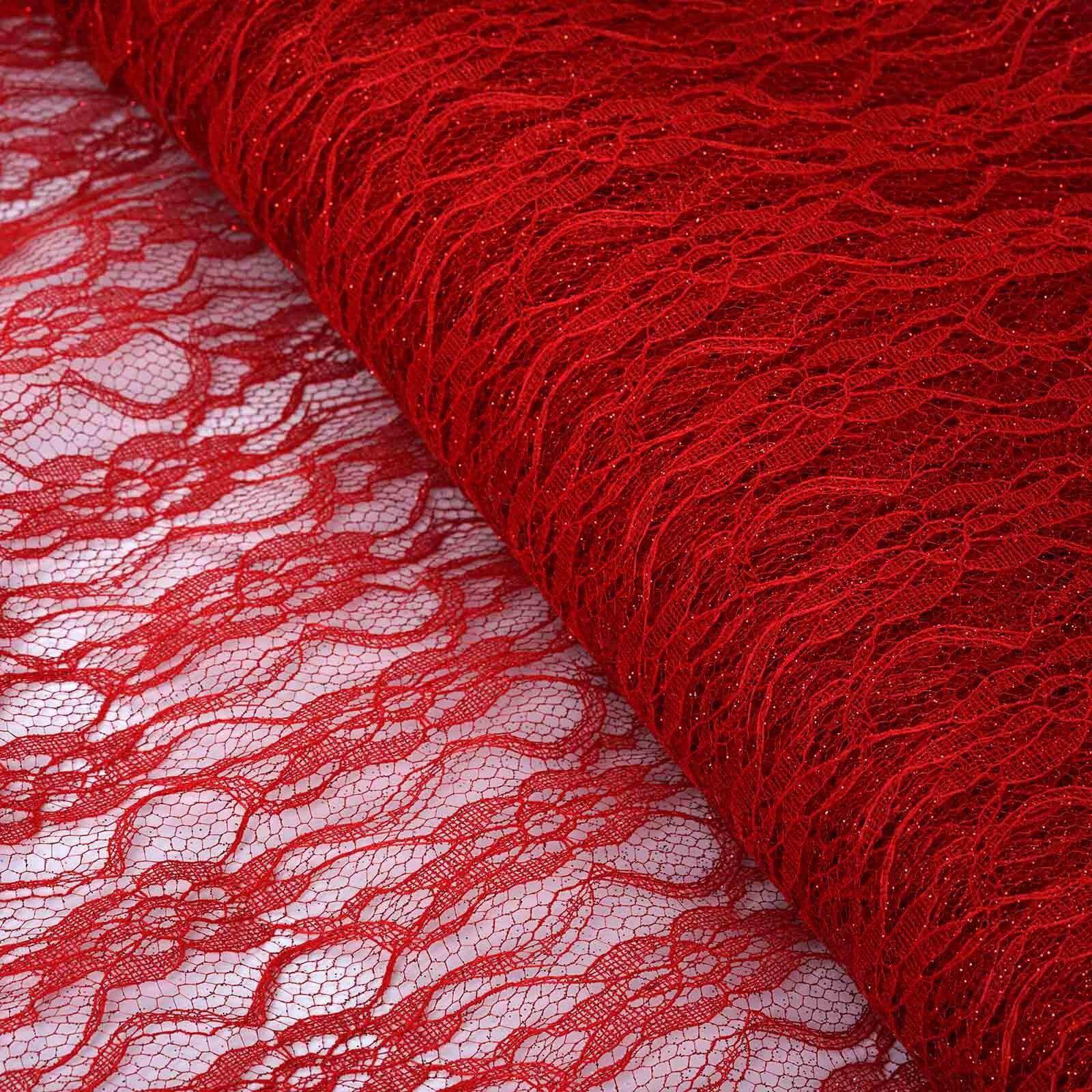 54"x15 Yards Red Floral Lace Shimmer Tulle Fabric Bolt