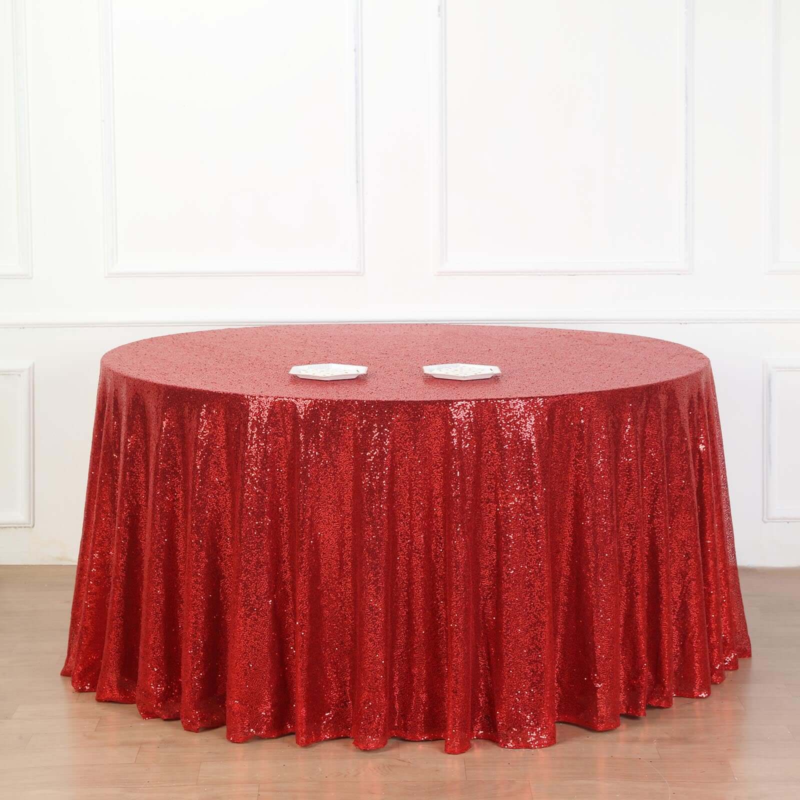 Sequin 132" Round Tablecloth Red - Seamless Dazzling Table Cover
