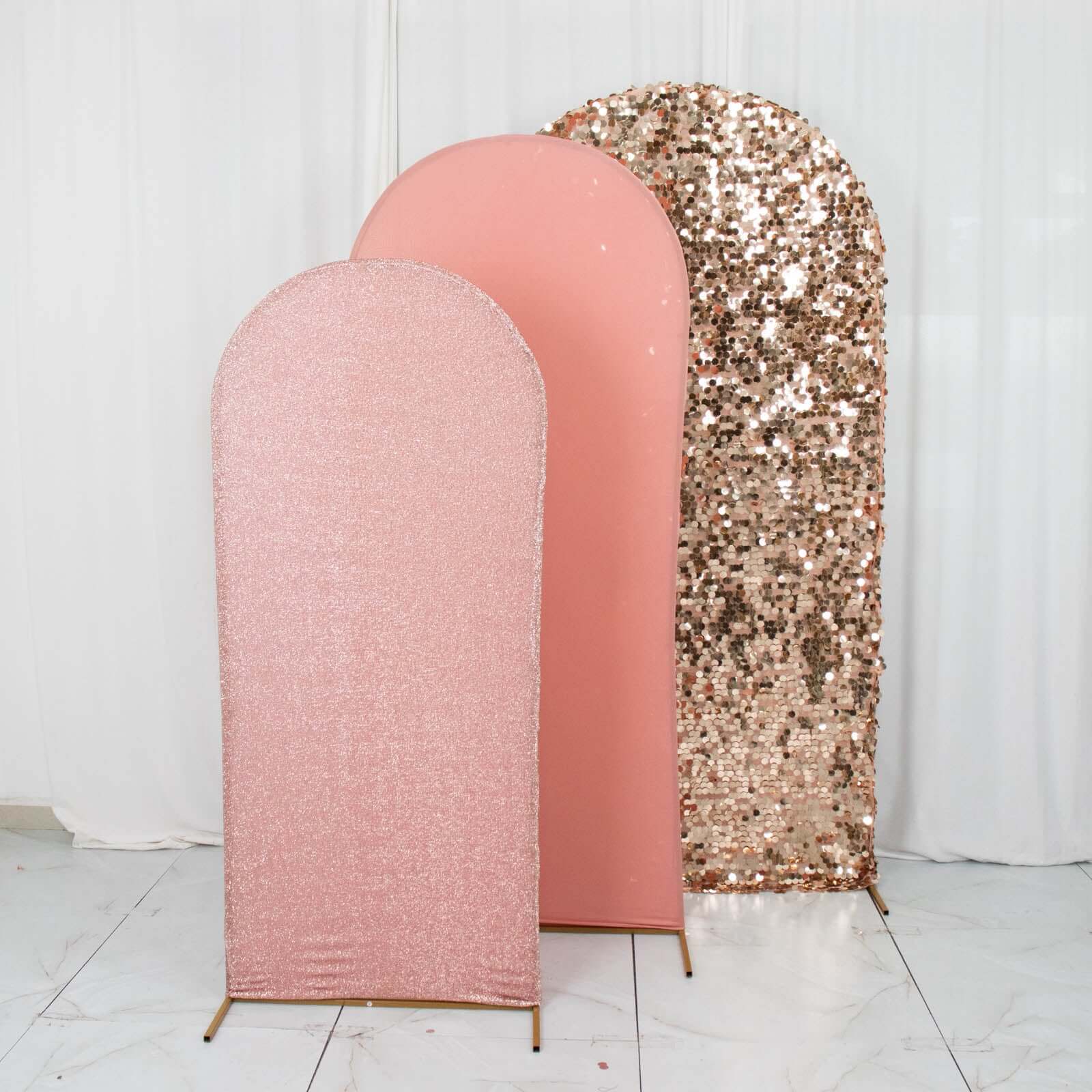 Set of 3 Rose Gold Round Top Fitted Wedding Arch Frame Covers, Big Payette Sequin, Shimmer Tinsel and Matte Spandex Backdrop Stand Covers