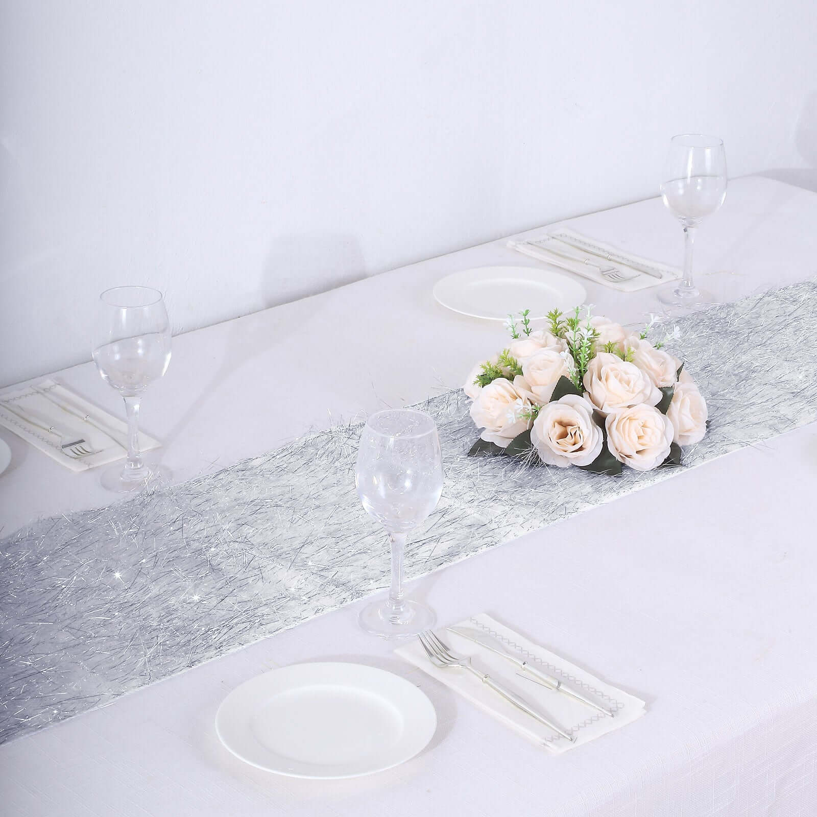 Metallic Tinsel Polyester 12"x108" Table Runner Silver - Shimmery Fringe Shag Table Decor