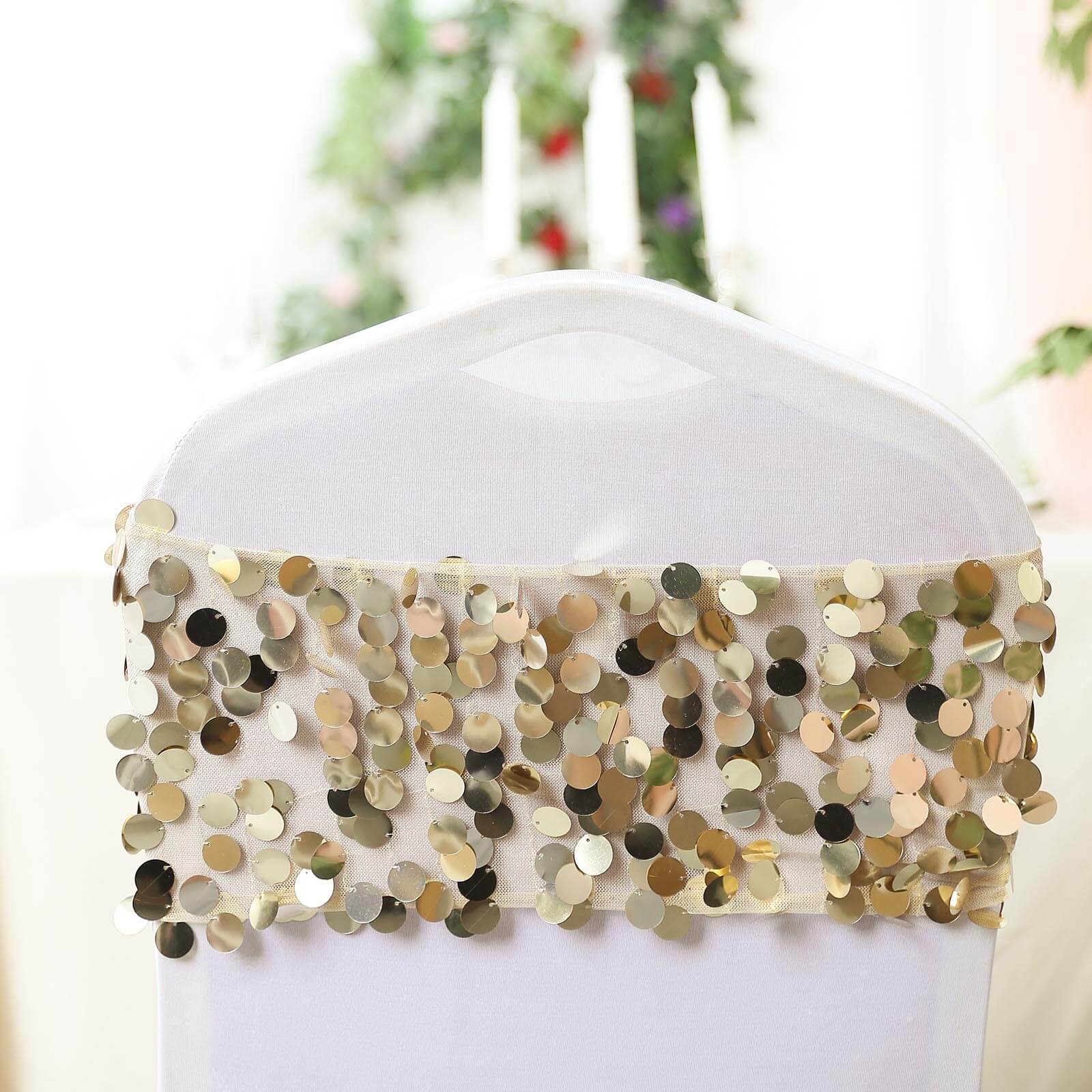 5 Pack Big Payette Sequin 13"x10" Chair Sash Bands Champagne - Stylish Glittering Decor for Weddings & Gatherings