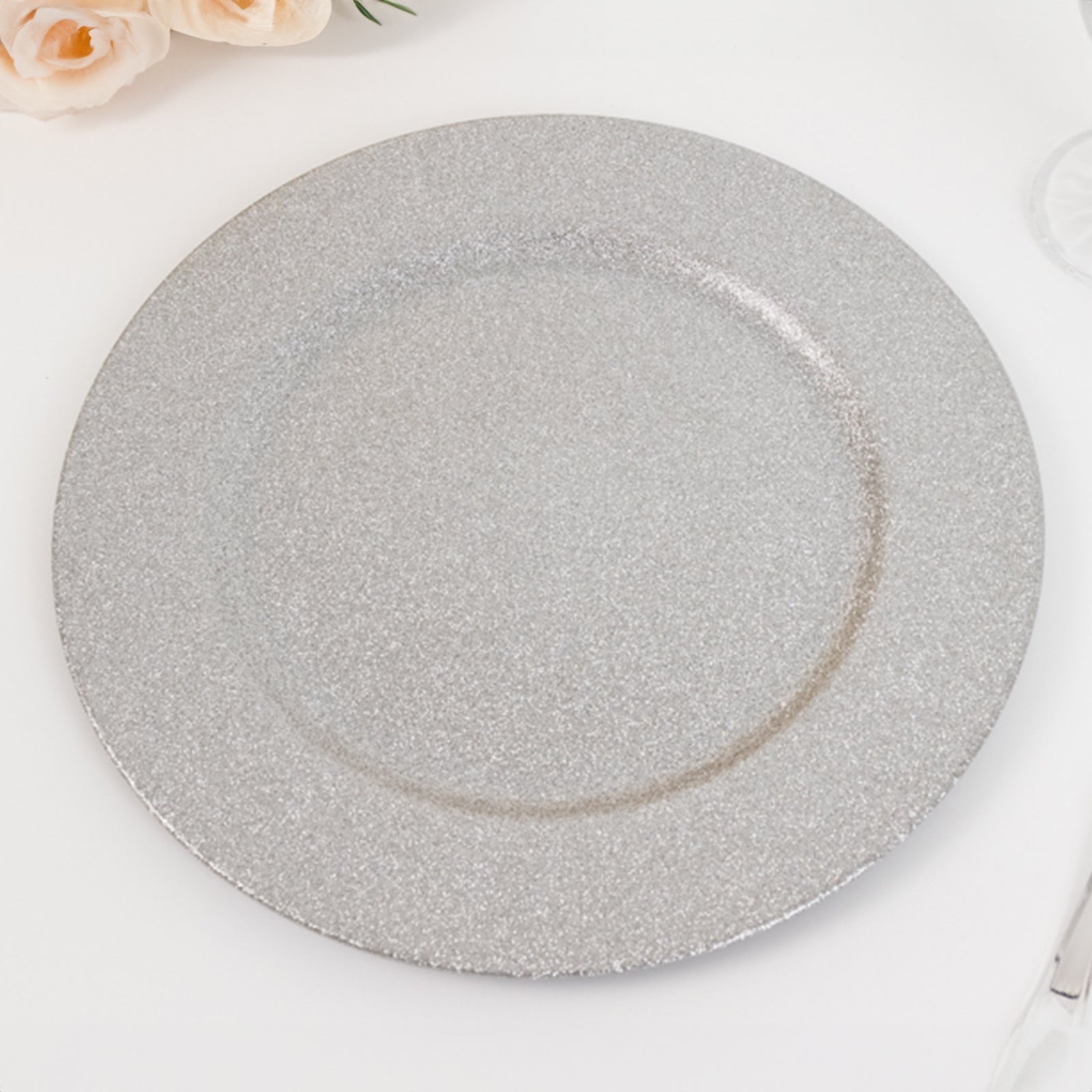 6-Pack Acrylic Plastic Round Charger Plates 13" in Silver with Dust Free Glitter Finish, Decorative Dinner Party Charger Tableware