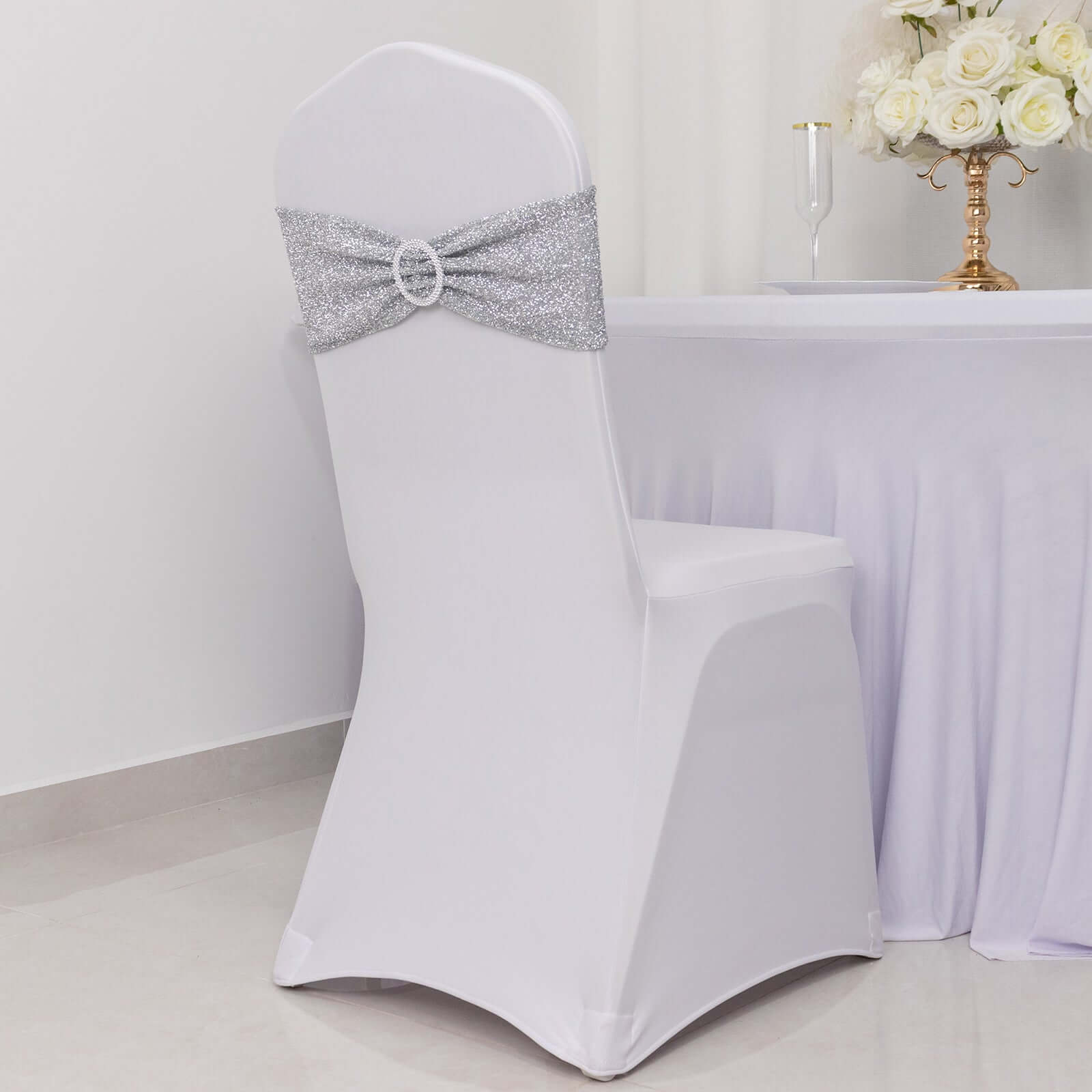 5 Pack Chair Sashes Shimmer Tinsel Spandex 5"x12" with Silver Rhinestone Buckles Silver - Stylish Decor for Weddings