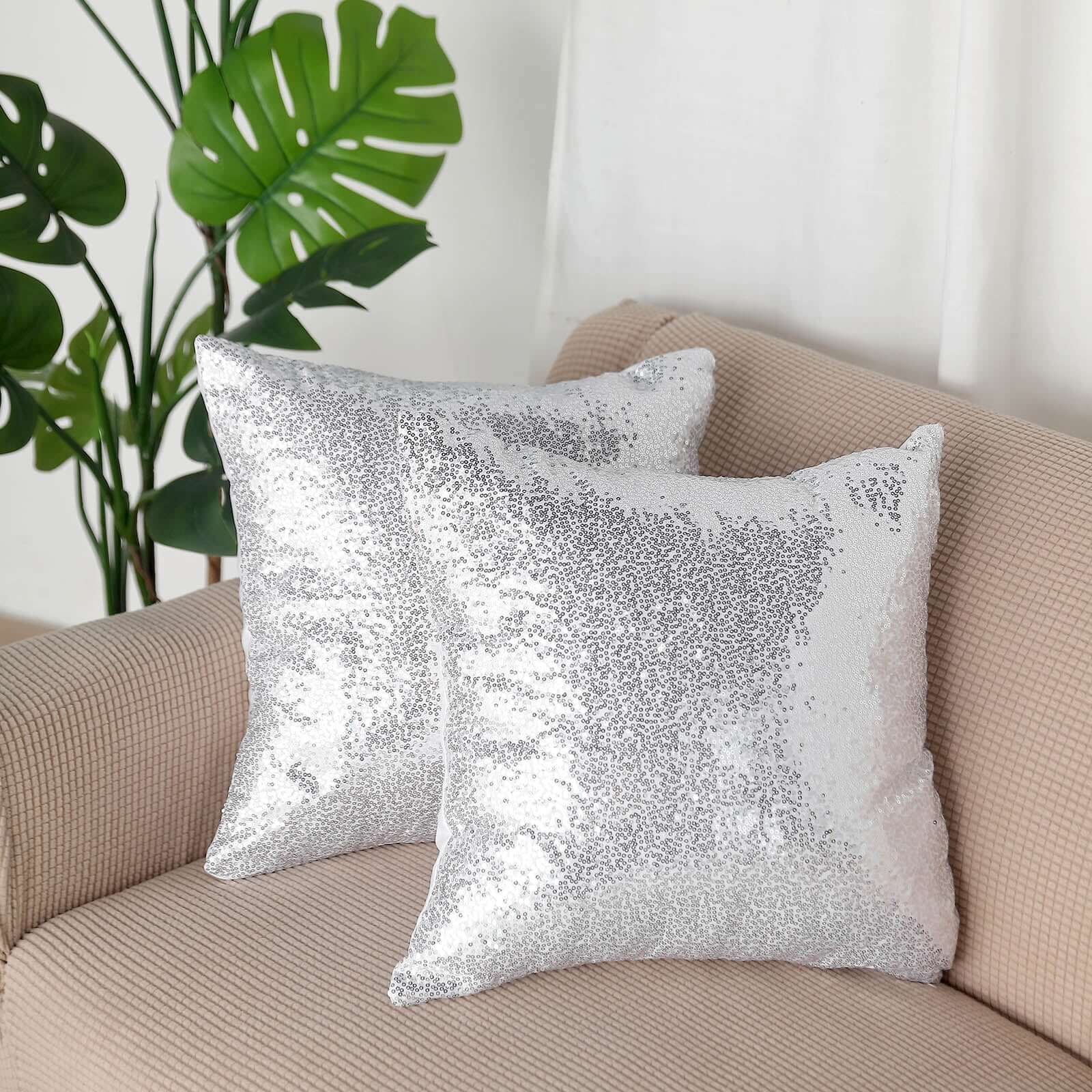 2 Pack 18" Silver Sequin Decorative Square Throw Pillow Cover
