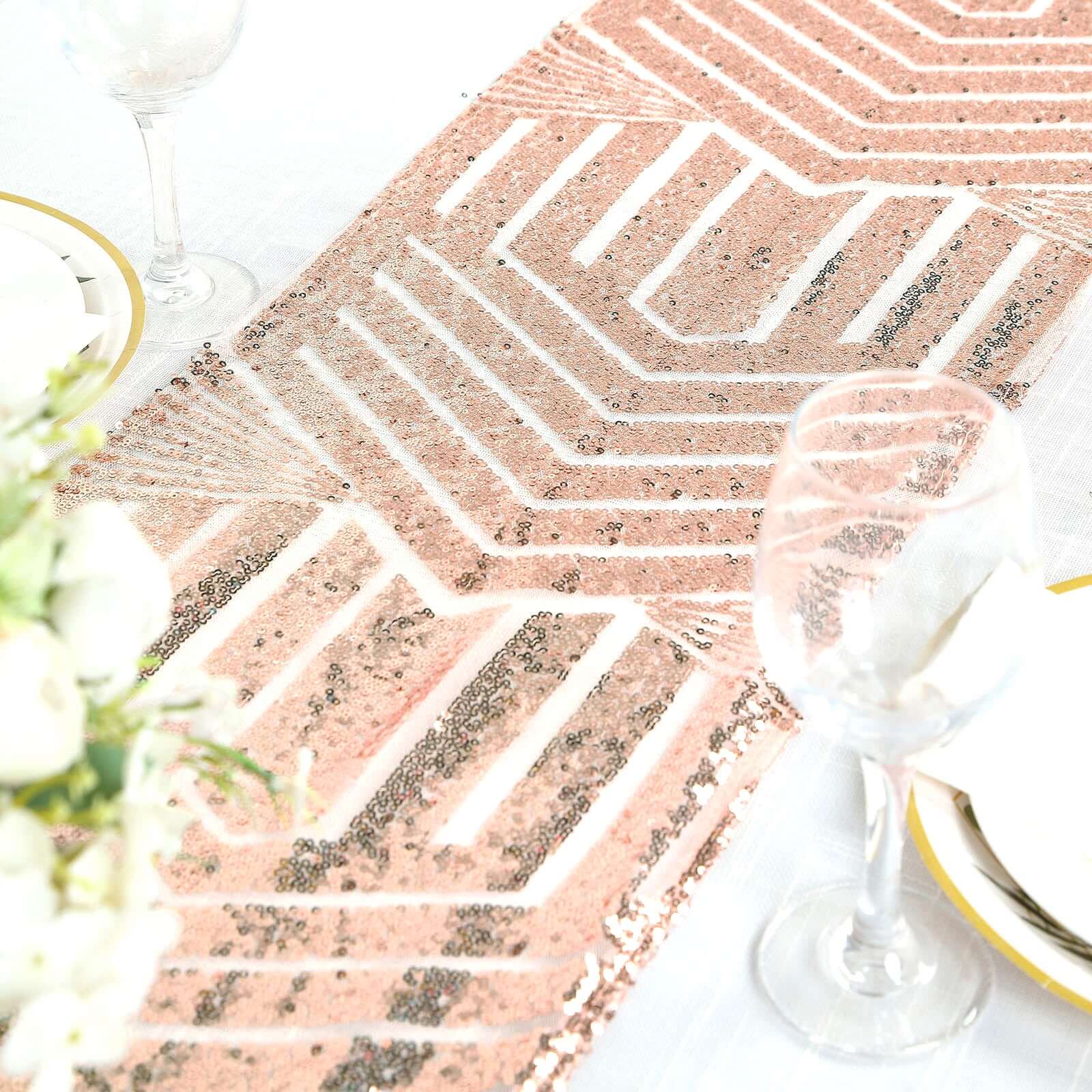 Sequin 12"x108" Table Runner Rose Gold - Diamond Glitz Design