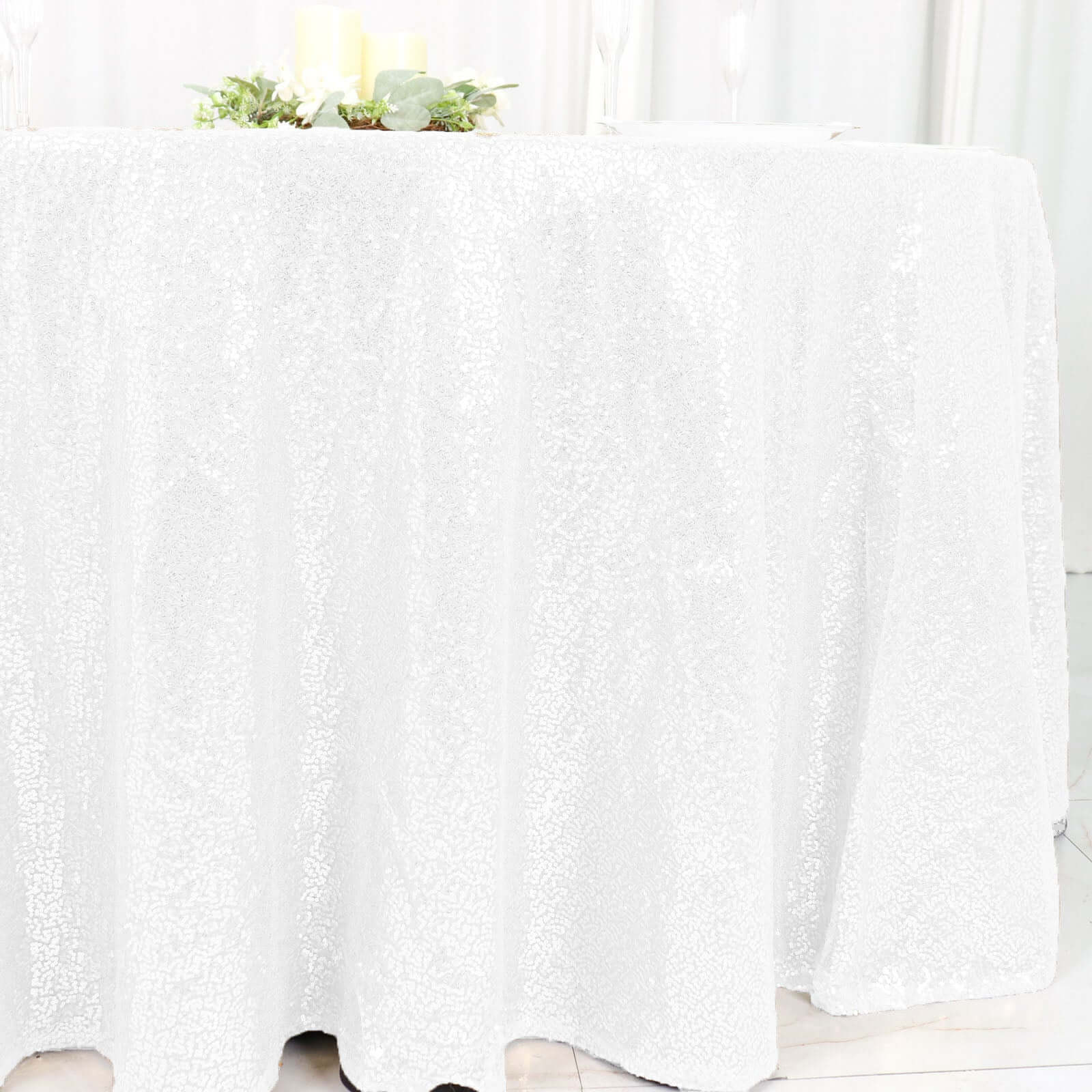 Sequin 120" Round Tablecloth White - Seamless Glittering Design for Sophisticated Events