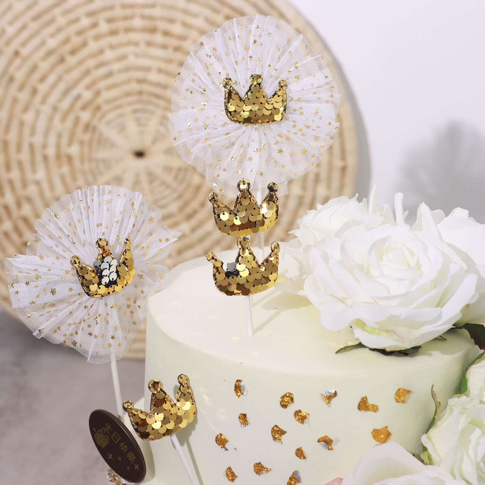 9-Pack Sequin Crown and Tutu Cupcake Cake Toppers Gold - Shimmering Princess Inspired Cake Inserts DIY Party Decoration Supplies