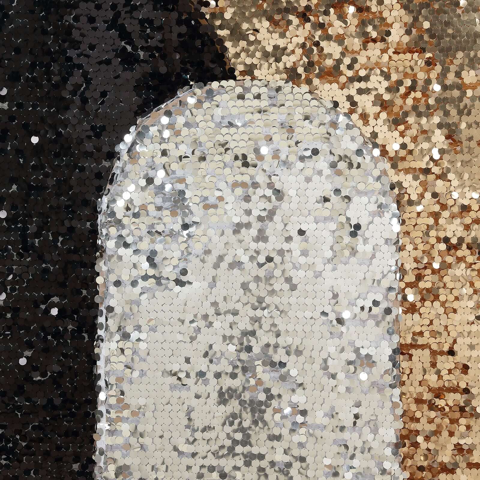 5ft Sparkly Silver Double Sided Big Payette Sequin Chiara Backdrop Stand Cover For Fitted Round Top Wedding Arch