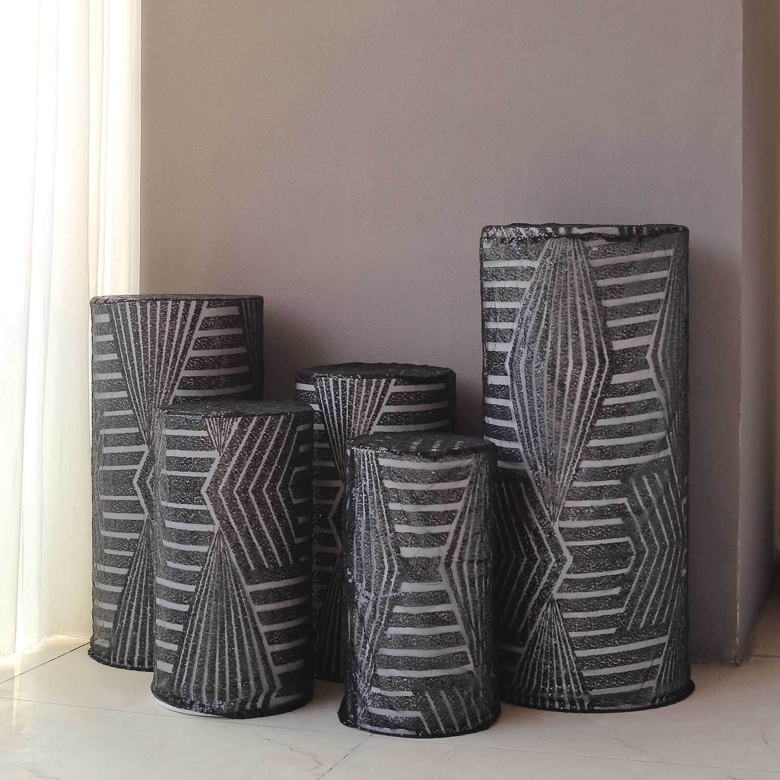 Set of 5 Black Sequin Mesh Cylinder Pedestal Stand Covers with Geometric Pattern Embroidery, Sparkly Sheer Tulle Pillar Prop Covers