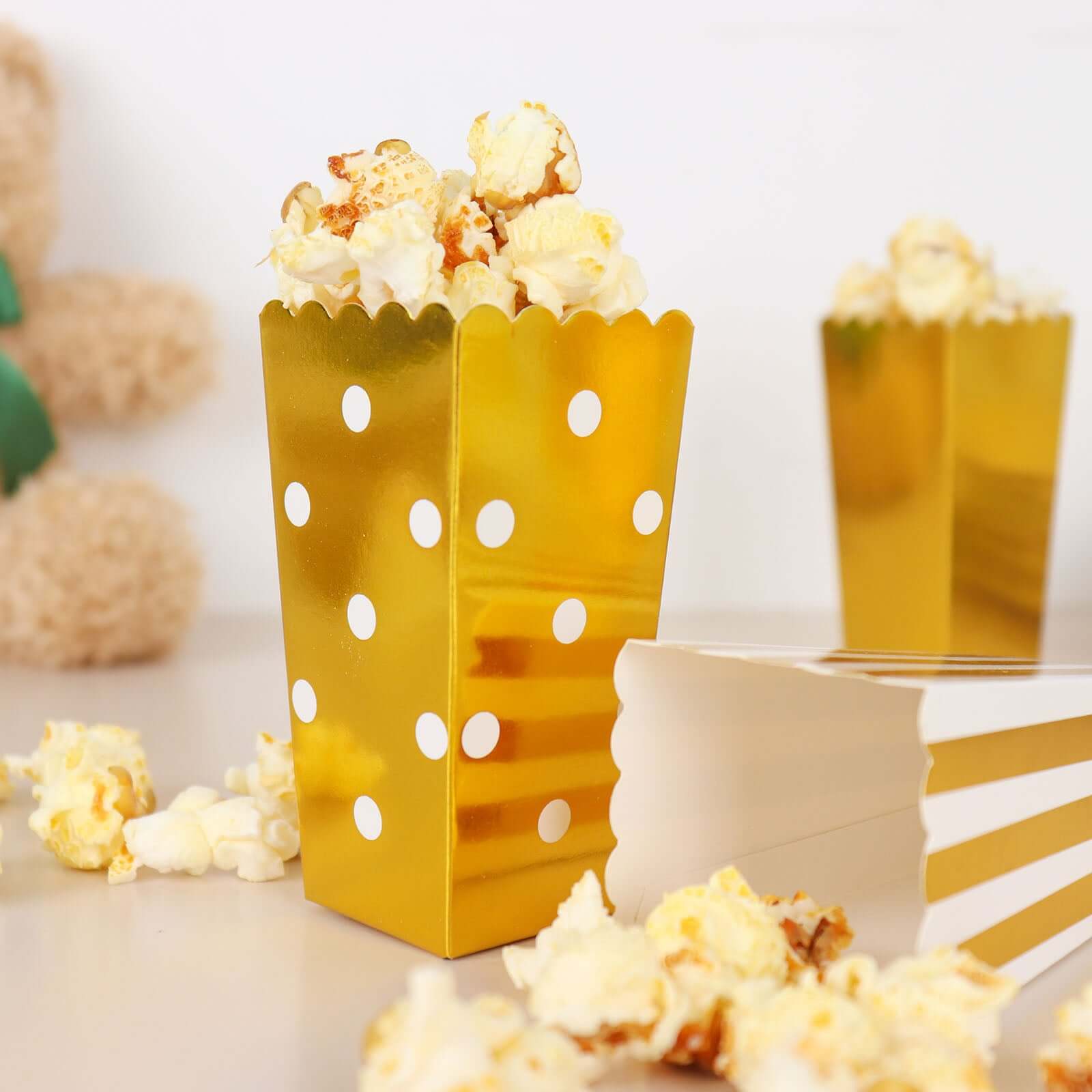 36 Pack 4" White Gold Design Mini Paper Popcorn Boxes, Candy Favor Disposable Bags - Stripe, Polka Dot, Solid Style
