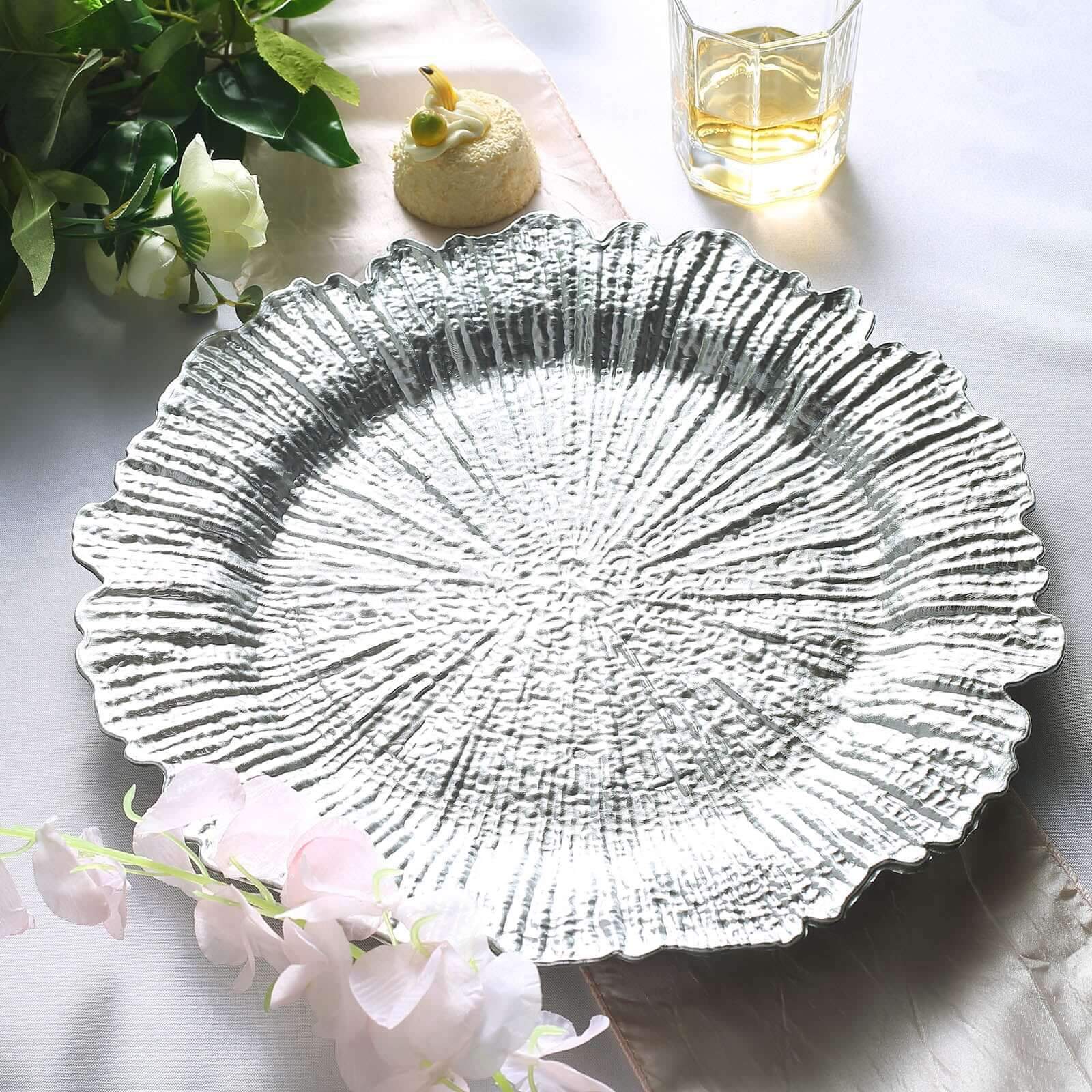 6-Pack Acrylic Plastic Round Charger Plates 13" in Silver with Reef Design, Dinner Charger Tableware