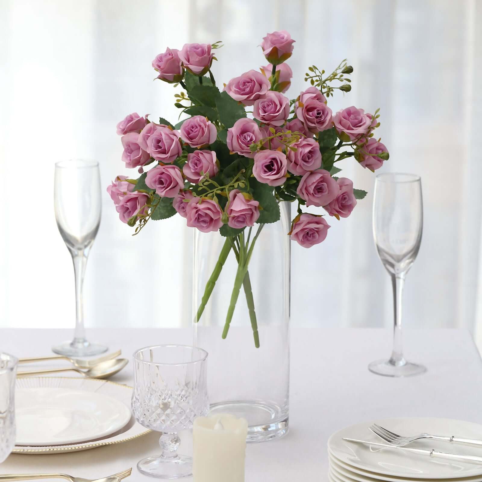2 Pack 12" Lavender Lilac Artificial Open Rose Flower Arrangements, Small Faux Floral Bouquets