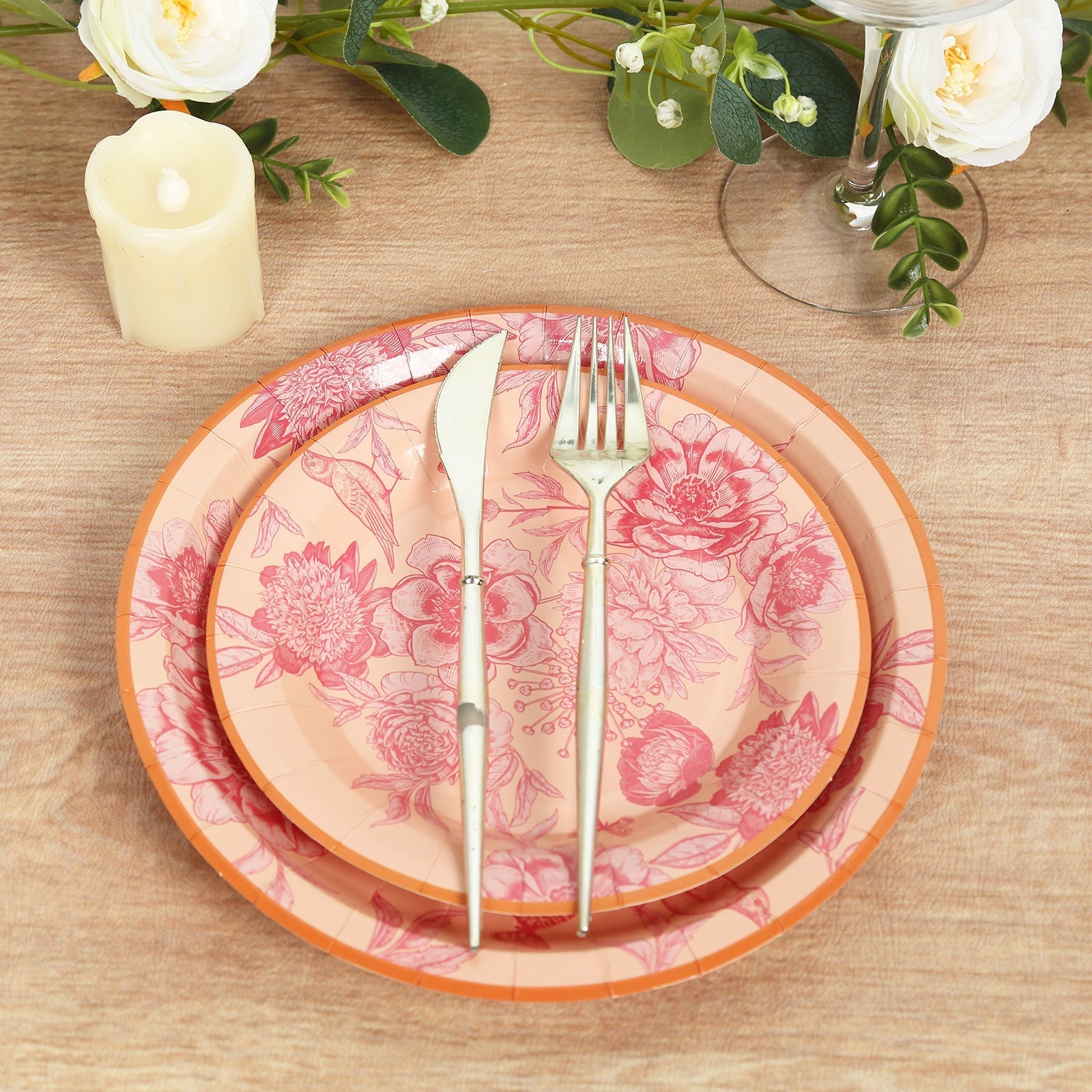 50-Pack Paper Round Dessert and Dinner Plates in Dusty Rose Spring Floral Print with Gold Rim - Heavy Duty Disposable Party Plates Set for Classy Table Decor 7", 9"