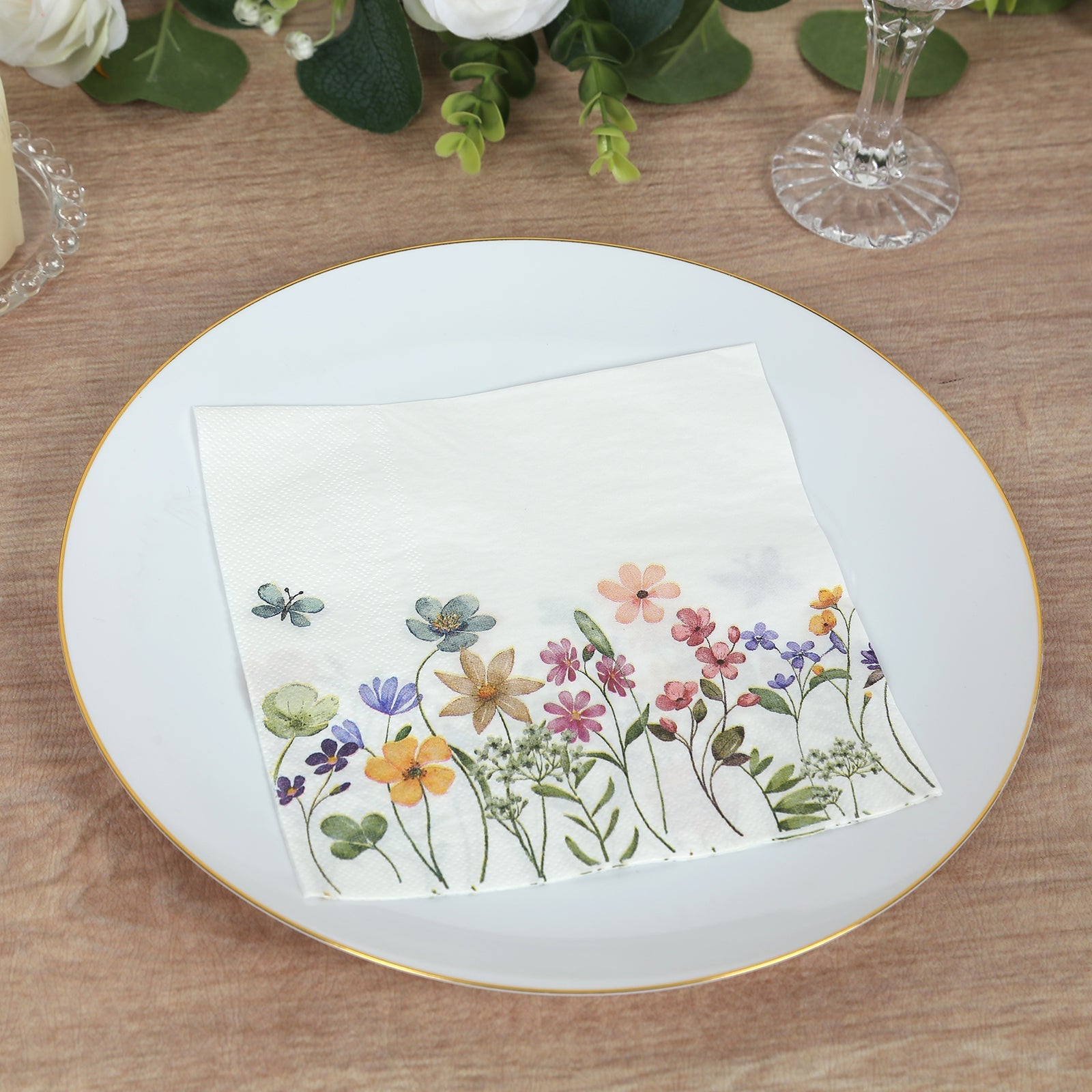 50-Pack Paper Cocktail Napkins with Wildflower Butterfly Design - Disposable 2 Ply Beverage Napkins for Parties 6.5"x6.5"
