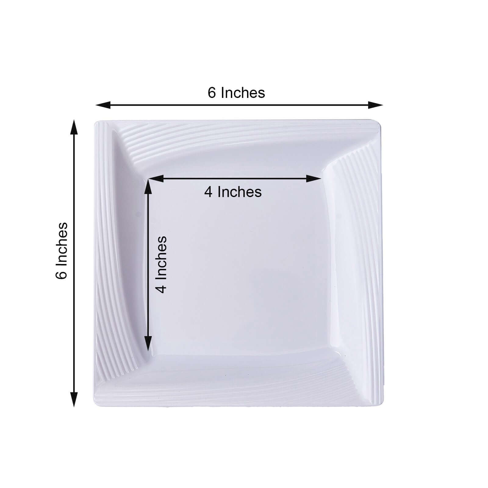 10-Pack Plastic 6" Square Dessert Plates in White with Geometric Ridge Trim - Disposable Appetizer Salad Plates for Stylish Gatherings & Celebrations