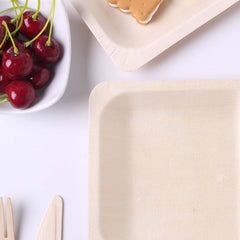 25 Pack 6" Square Eco Friendly Birchwood Wooden Dessert, Appetizer Plates