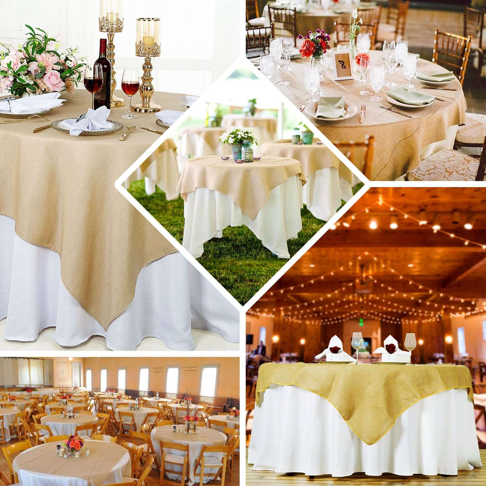 Jute Burlap 60"x60" Table Overlay Square Tablecloth Natural - Rustic Design for Authentic Charm