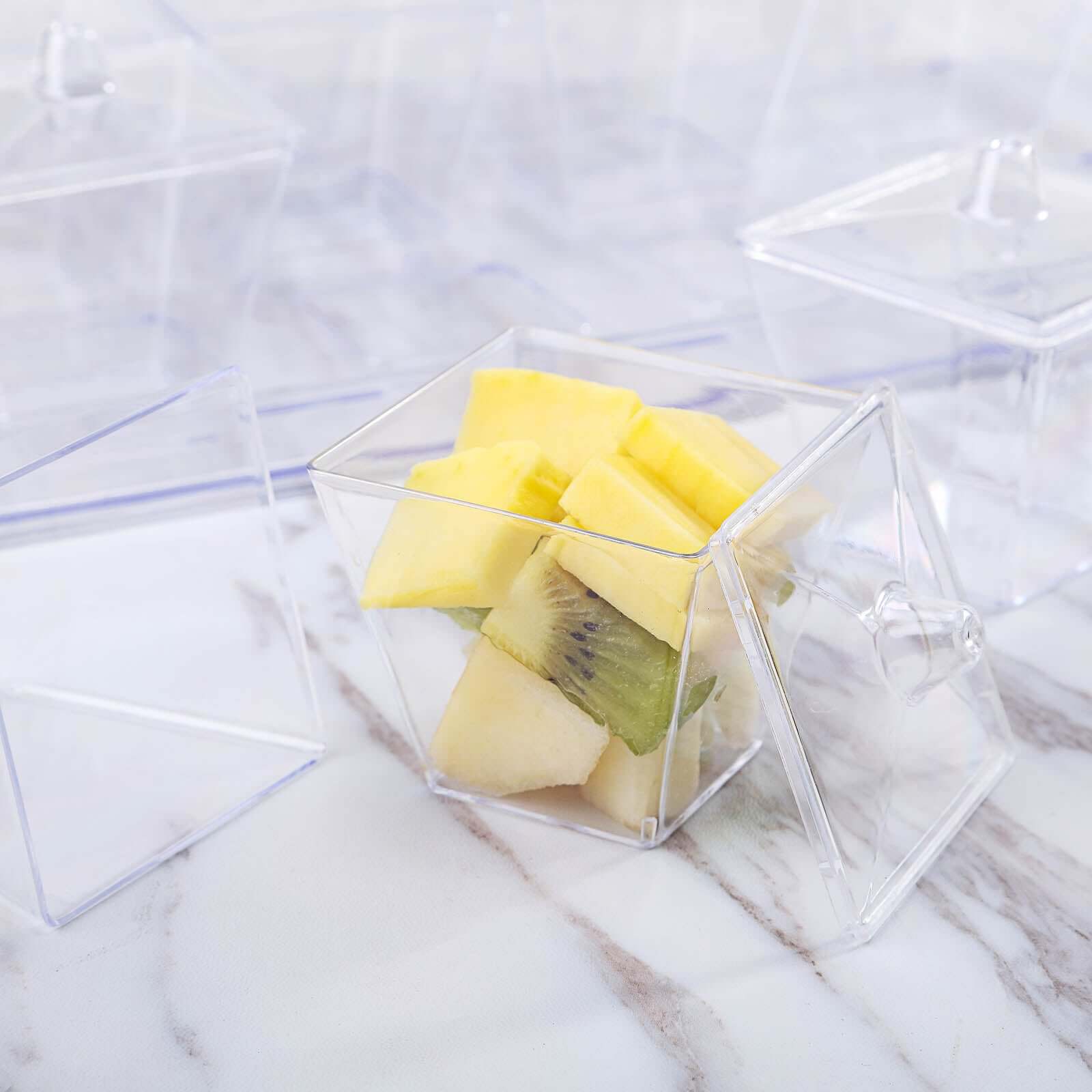 20-Pack Appetizer Cups Square Design Clear - Plastic Disposable Dessert Cups with Tray and Lids 3oz