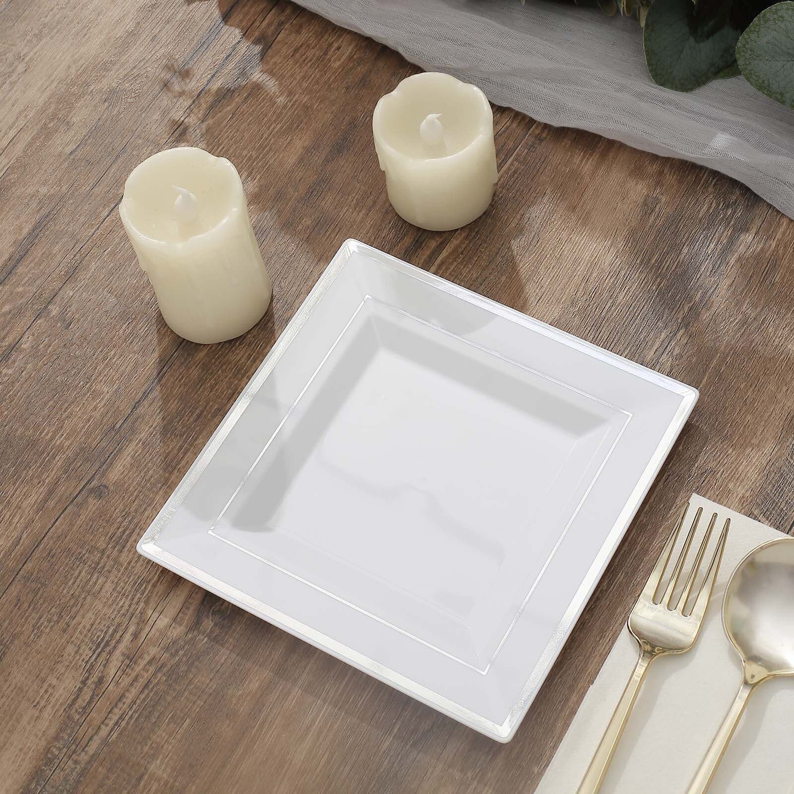 10-Pack Plastic Salad Dessert Plates White Square with Silver Trim - Durable Disposable Appetizer Plates 7"
