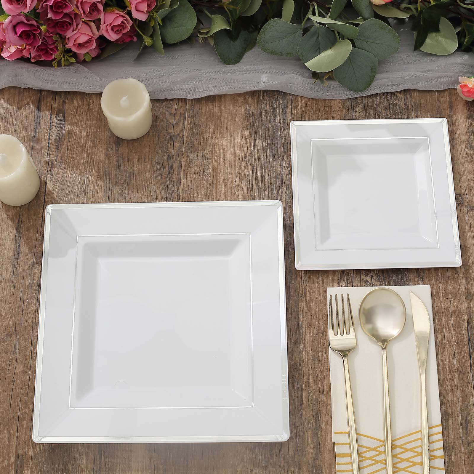 10-Pack Plastic Salad Dessert Plates White Square with Silver Trim - Durable Disposable Appetizer Plates 7"