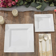 10-Pack Plastic Salad Dessert Plates White Square with Silver Trim - Durable Disposable Appetizer Plates 7"