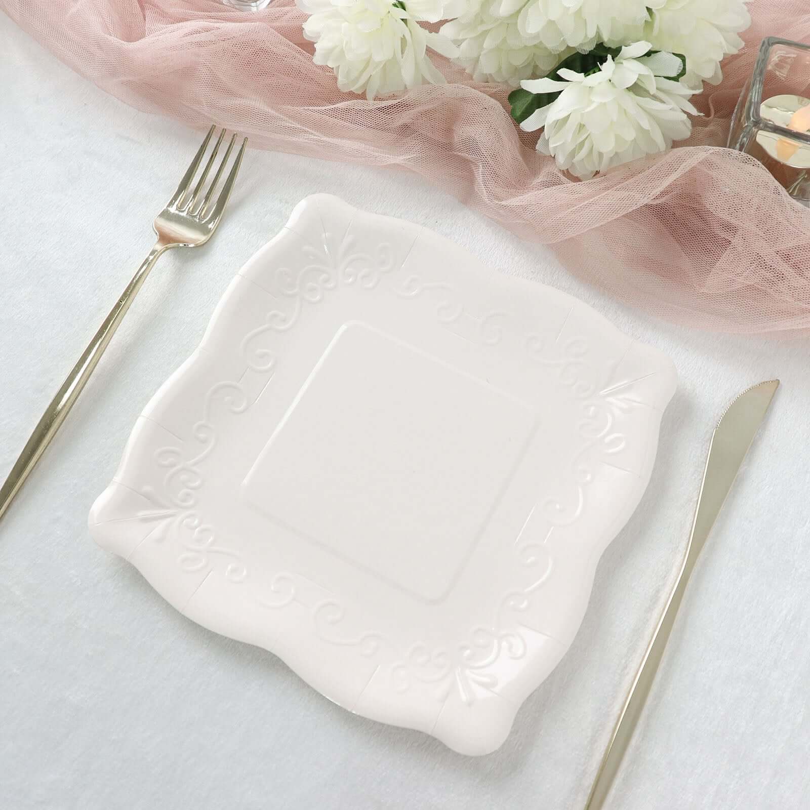 25-Pack Paper 7" Square Dessert Plates in White with Vintage Pottery Embossed Design - Shiny Disposable Appetizer Plates