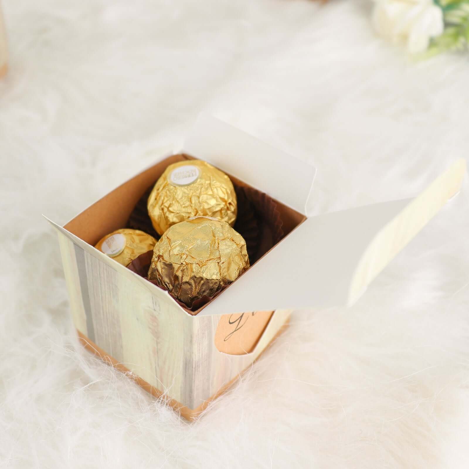 25 Pack 2.5" Rustic Wood Pattern Natural Brown Paper Candy Gift Boxes, Square Party Favor Boxes with Burlap Jute Twine and Love Heart Cut Out